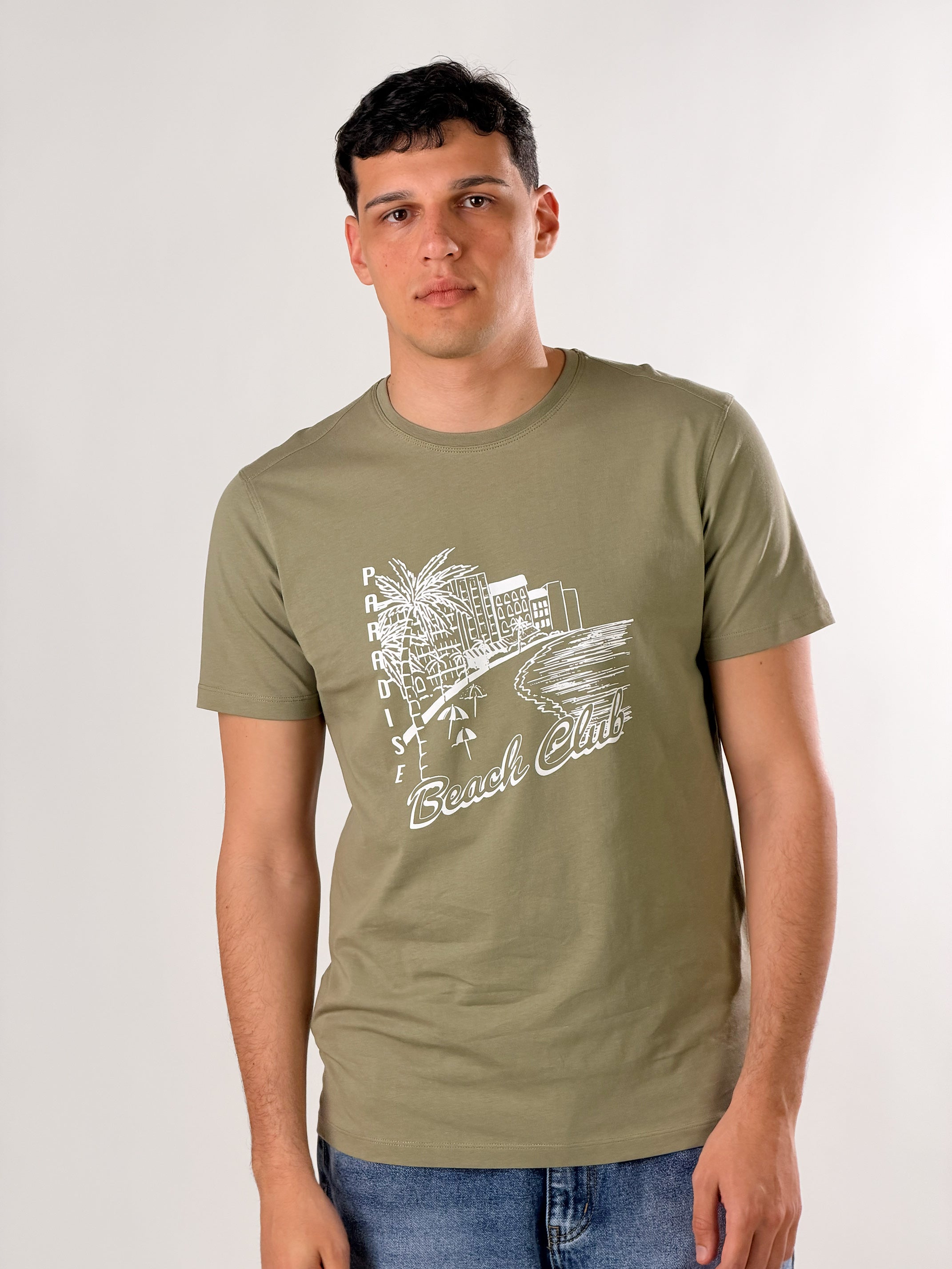 T - Shirt Paradise Beach Club base fit|Colore:Verde fumo
