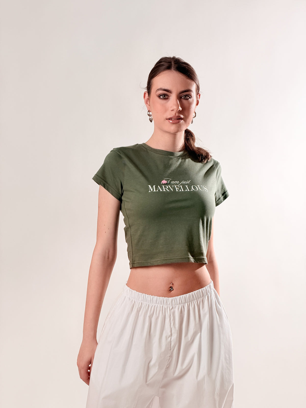 T-Shirt Crop Vintage|Colore:Verde militare