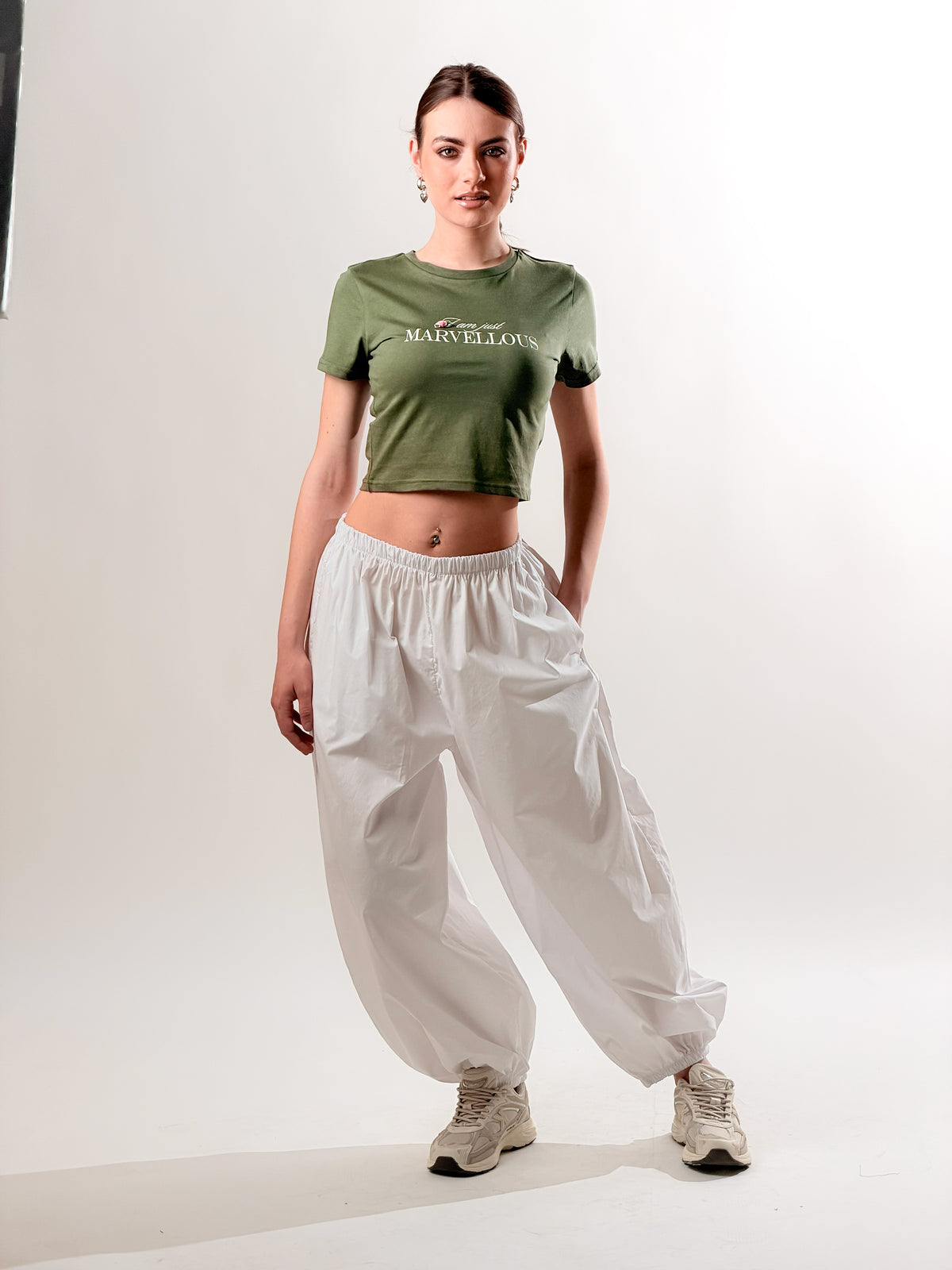 T-Shirt Crop Vintage|Colore:Verde militare