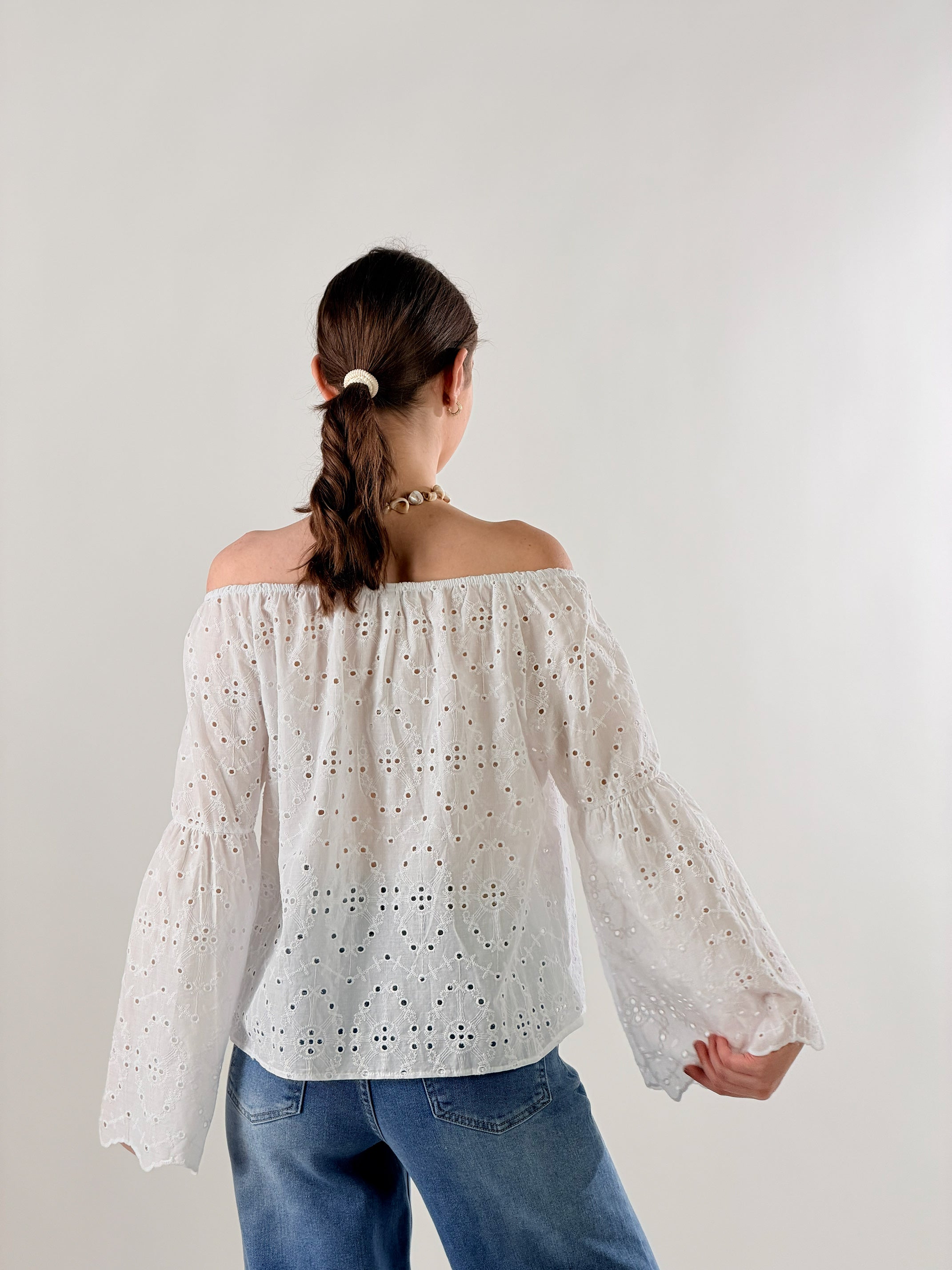Blusa Scollo a barca pizzo san Gallo|Colore:Bianco