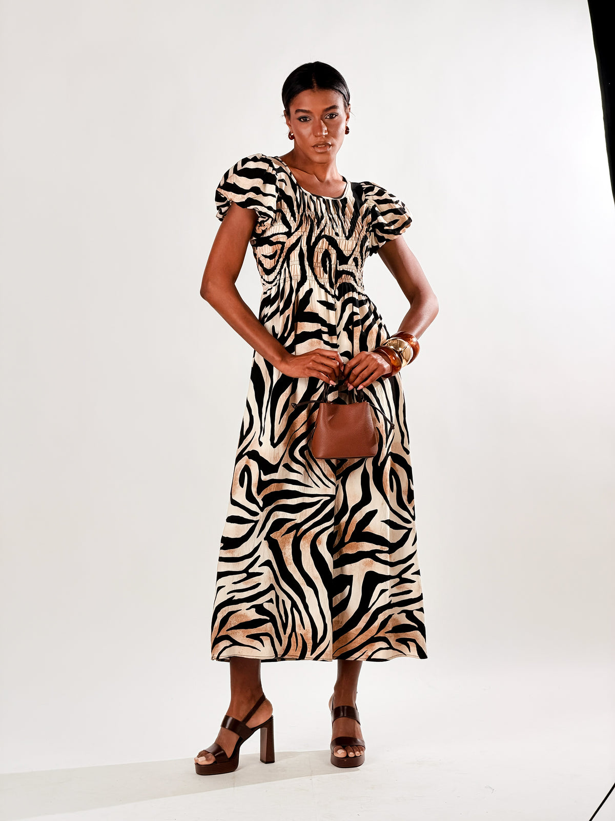 Vestito Maniche a sbuffo zebrato|Colore:Marrone