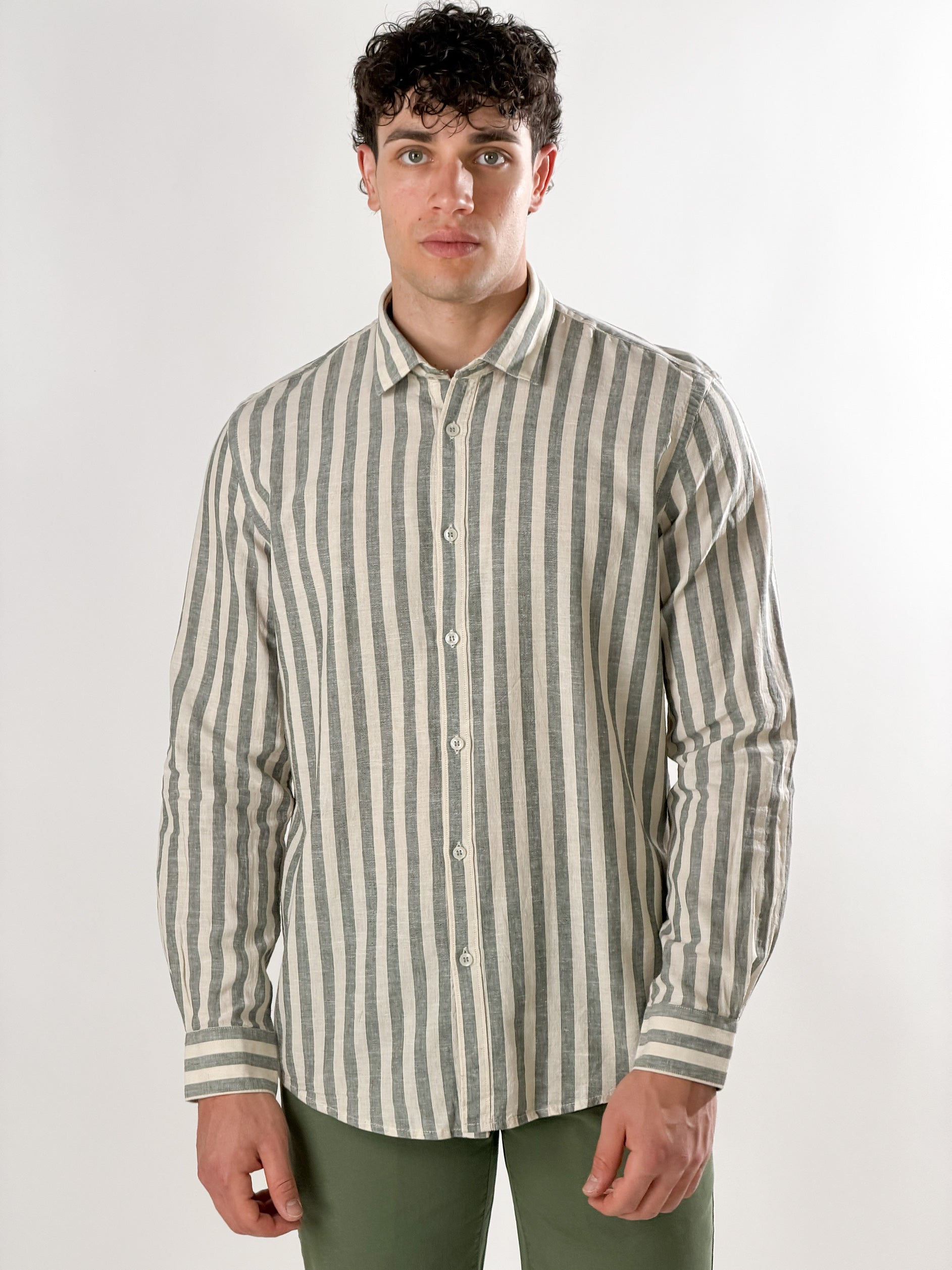 Camicia lino righe medie|Colore:Verde