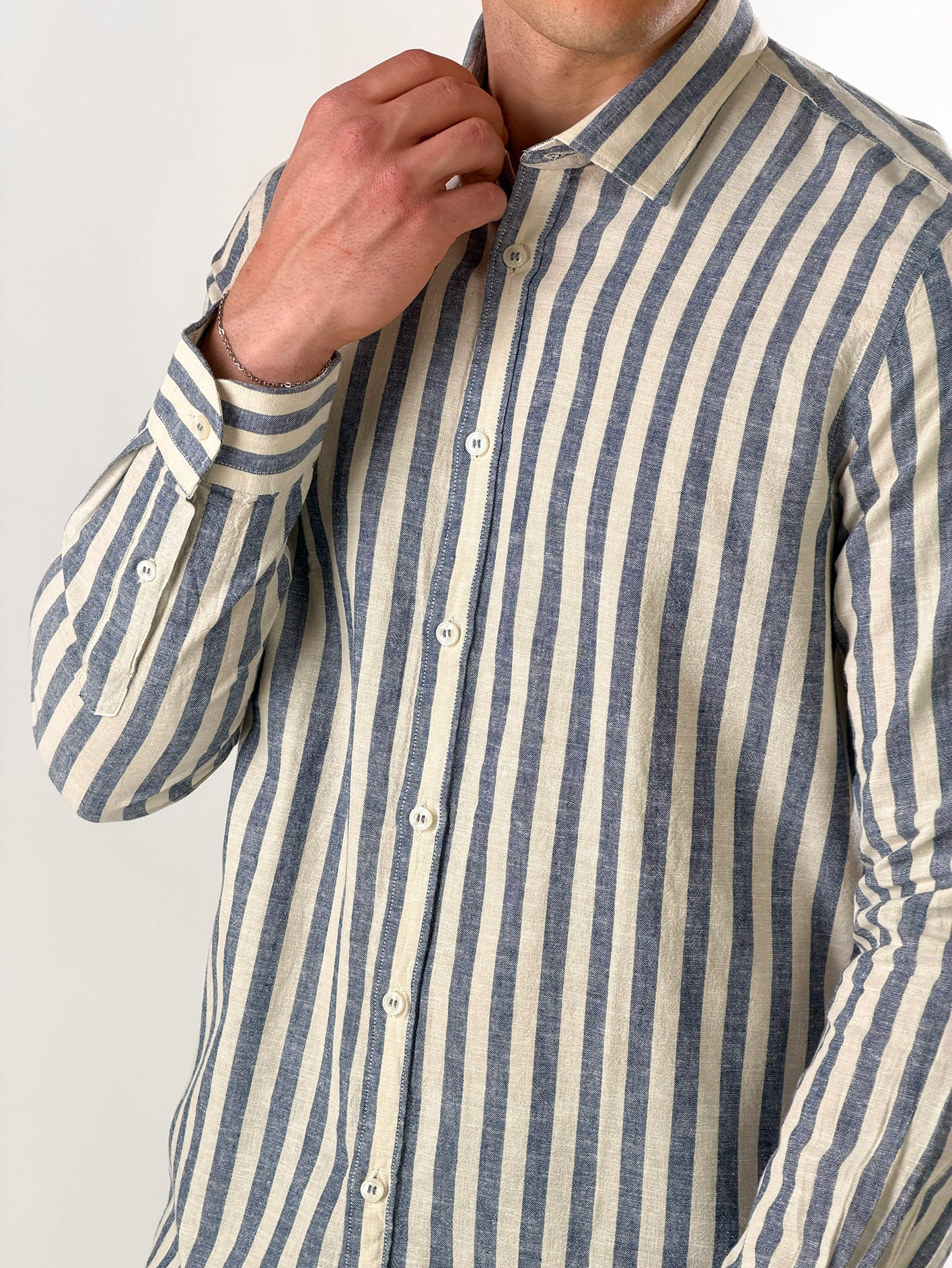 Camicia lino righe medie|Colore:Blu navy