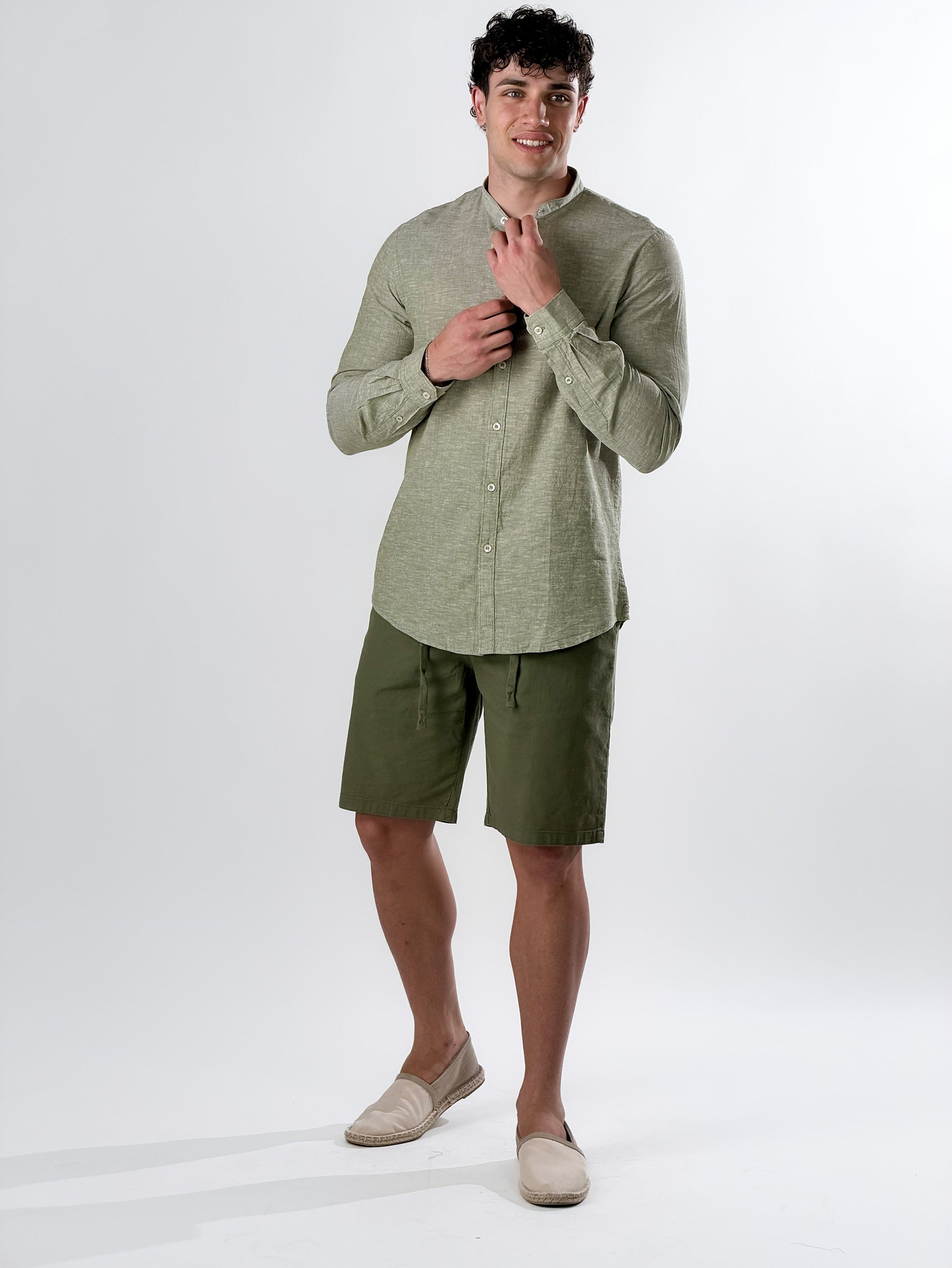 Camicia Lino melangiato collo coreana|Colore:Verde