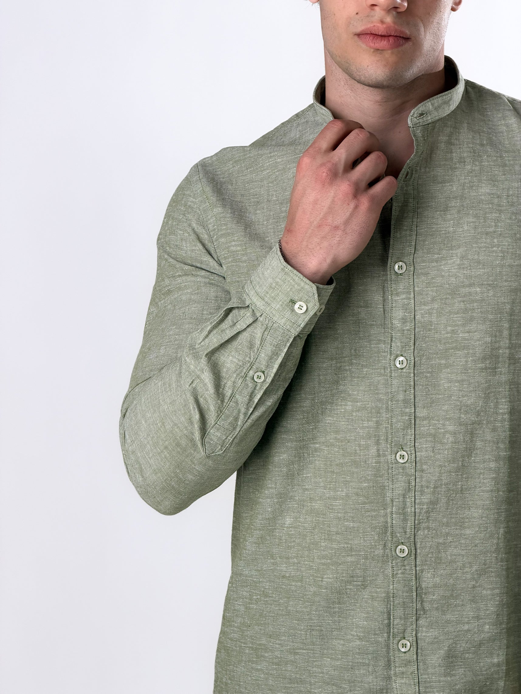 Camicia Lino melangiato collo coreana|Colore:Verde