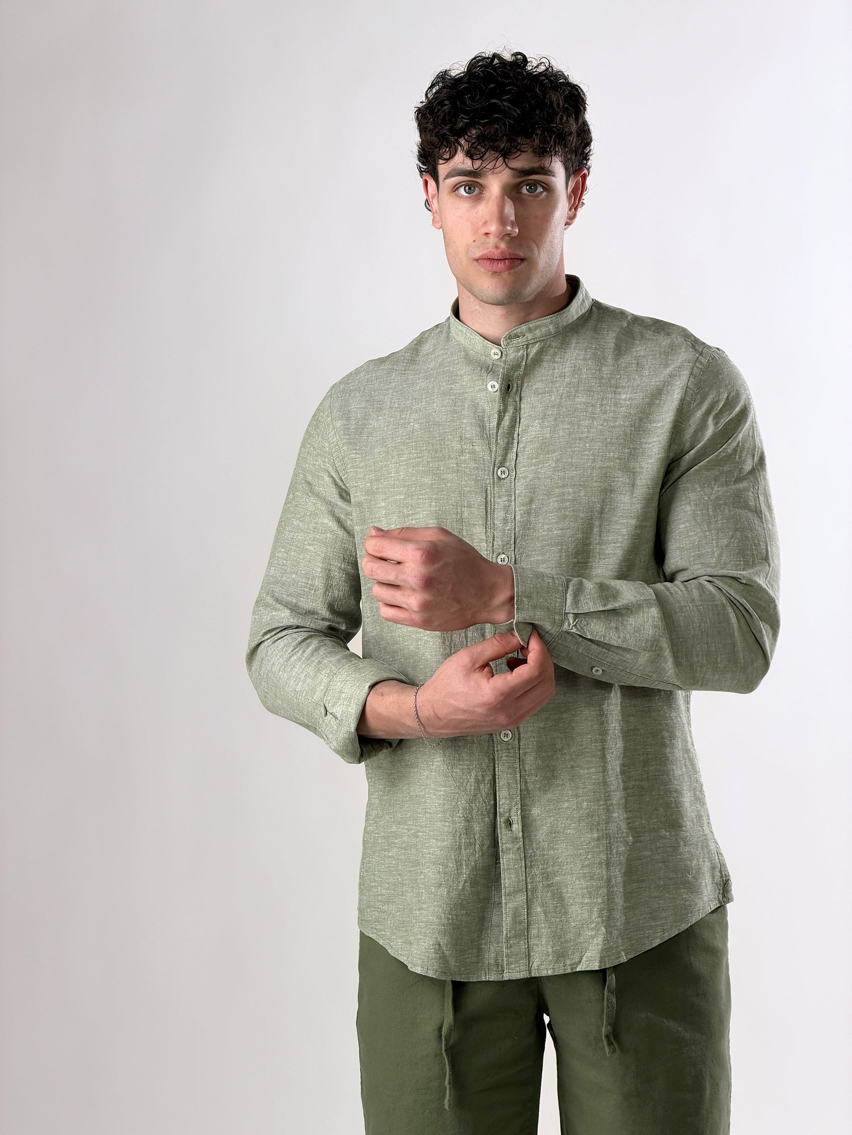 Camicia Lino melangiato collo coreana|Colore:Verde