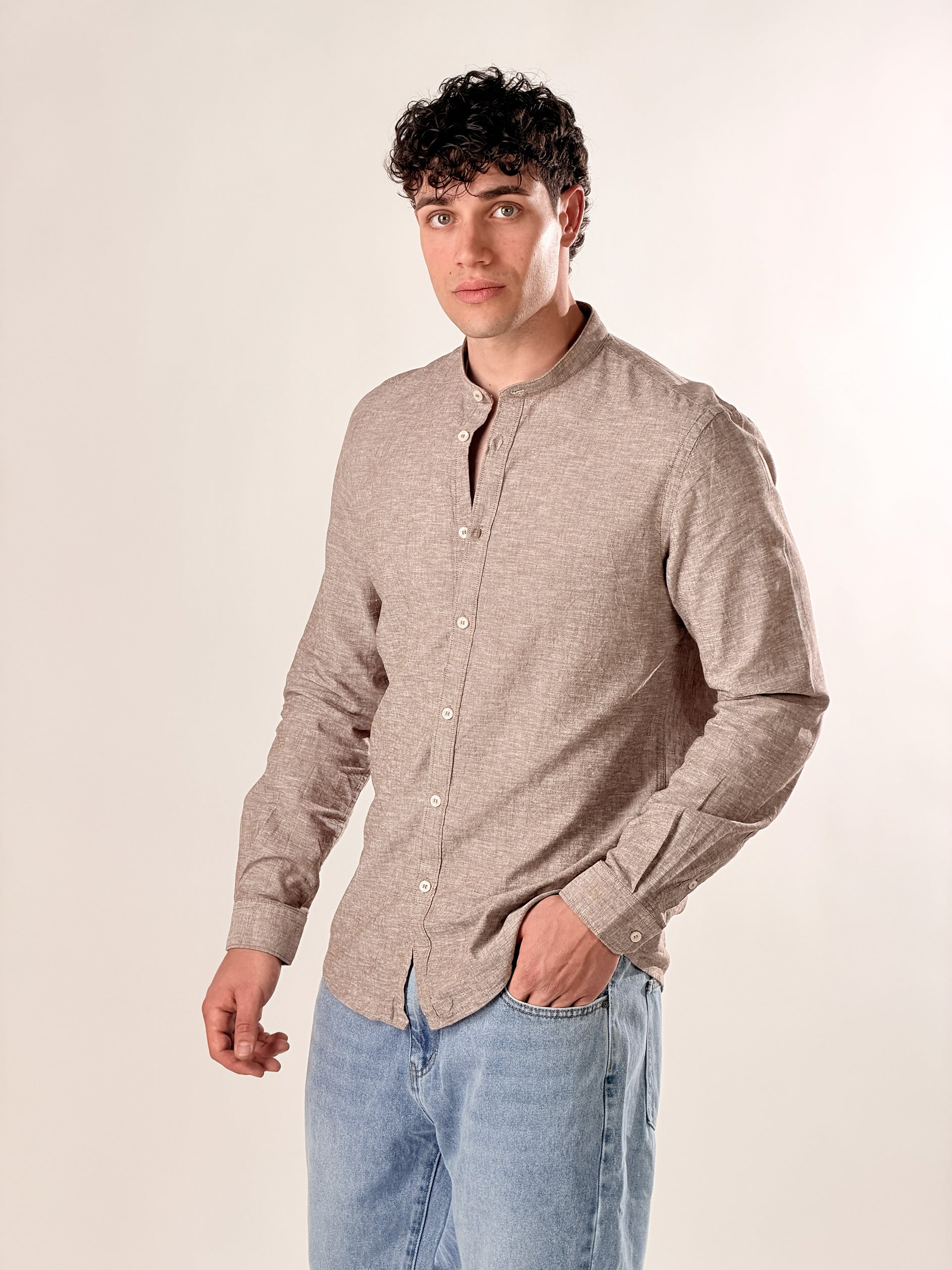 Camicia Lino melangiato collo coreana|Colore:Moro