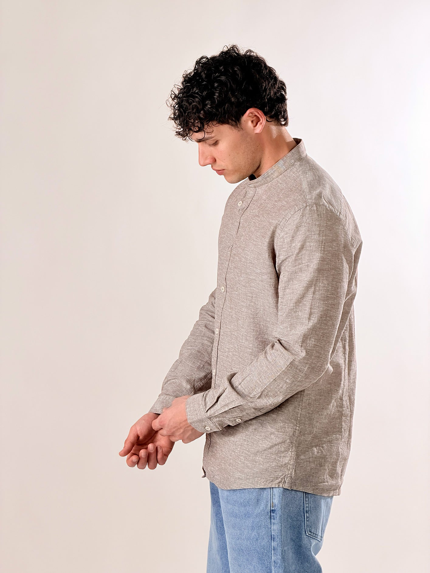 Camicia Lino melangiato collo coreana|Colore:Moro