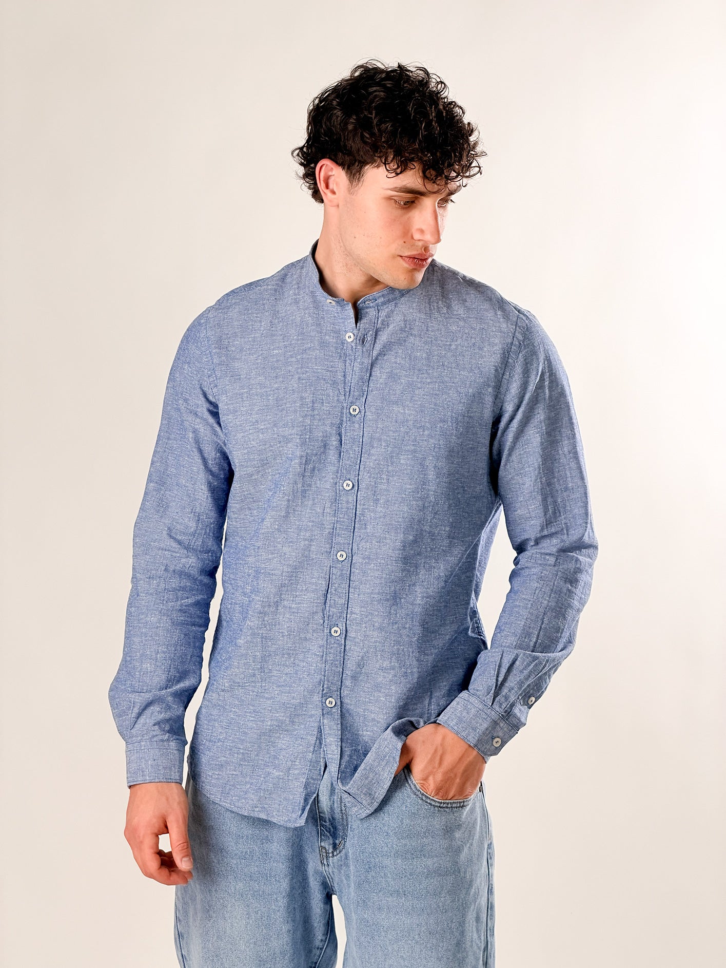 Camicia Lino melangiato collo coreana|Colore:Blu