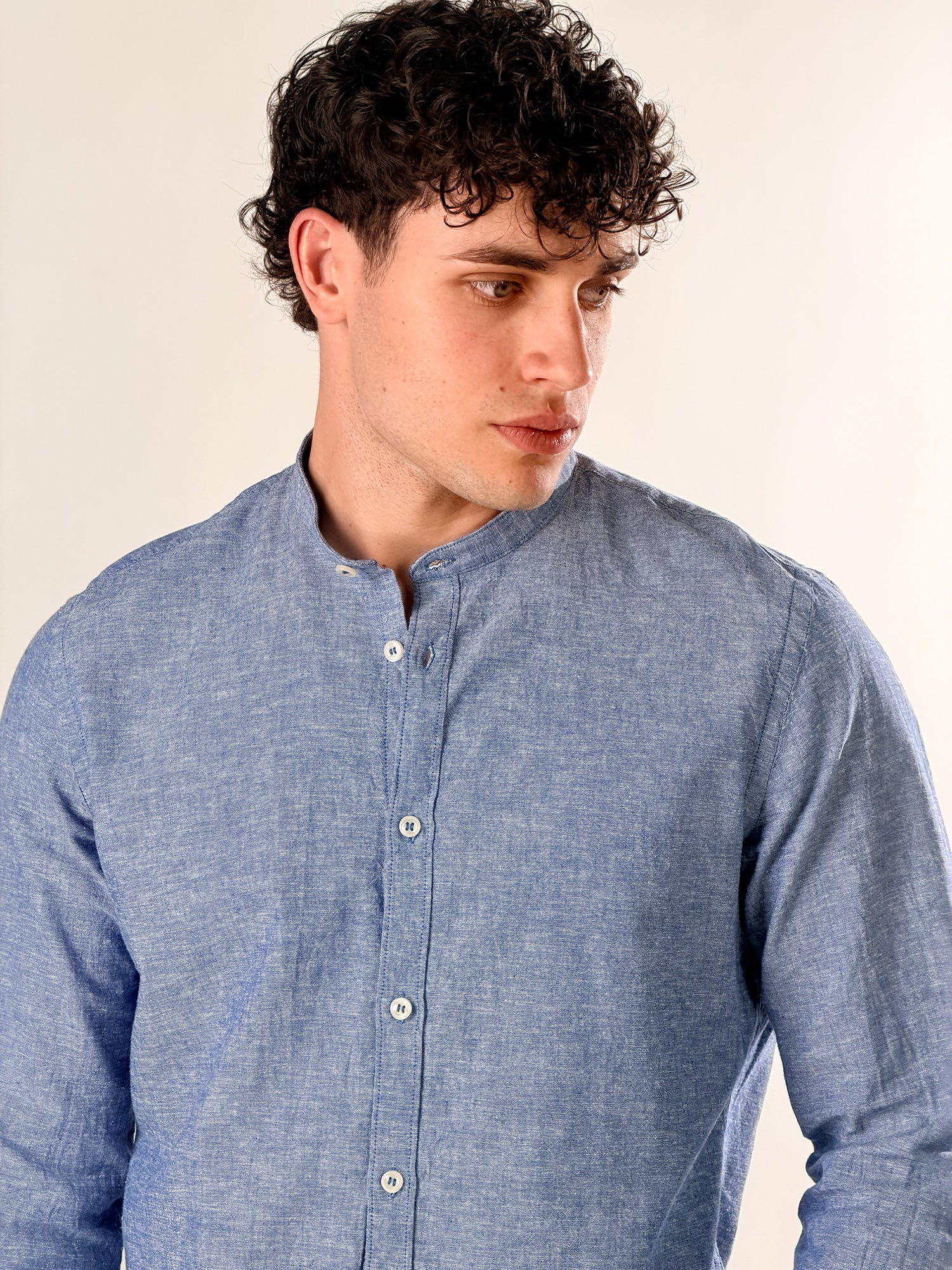 Camicia Lino melangiato collo coreana|Colore:Blu