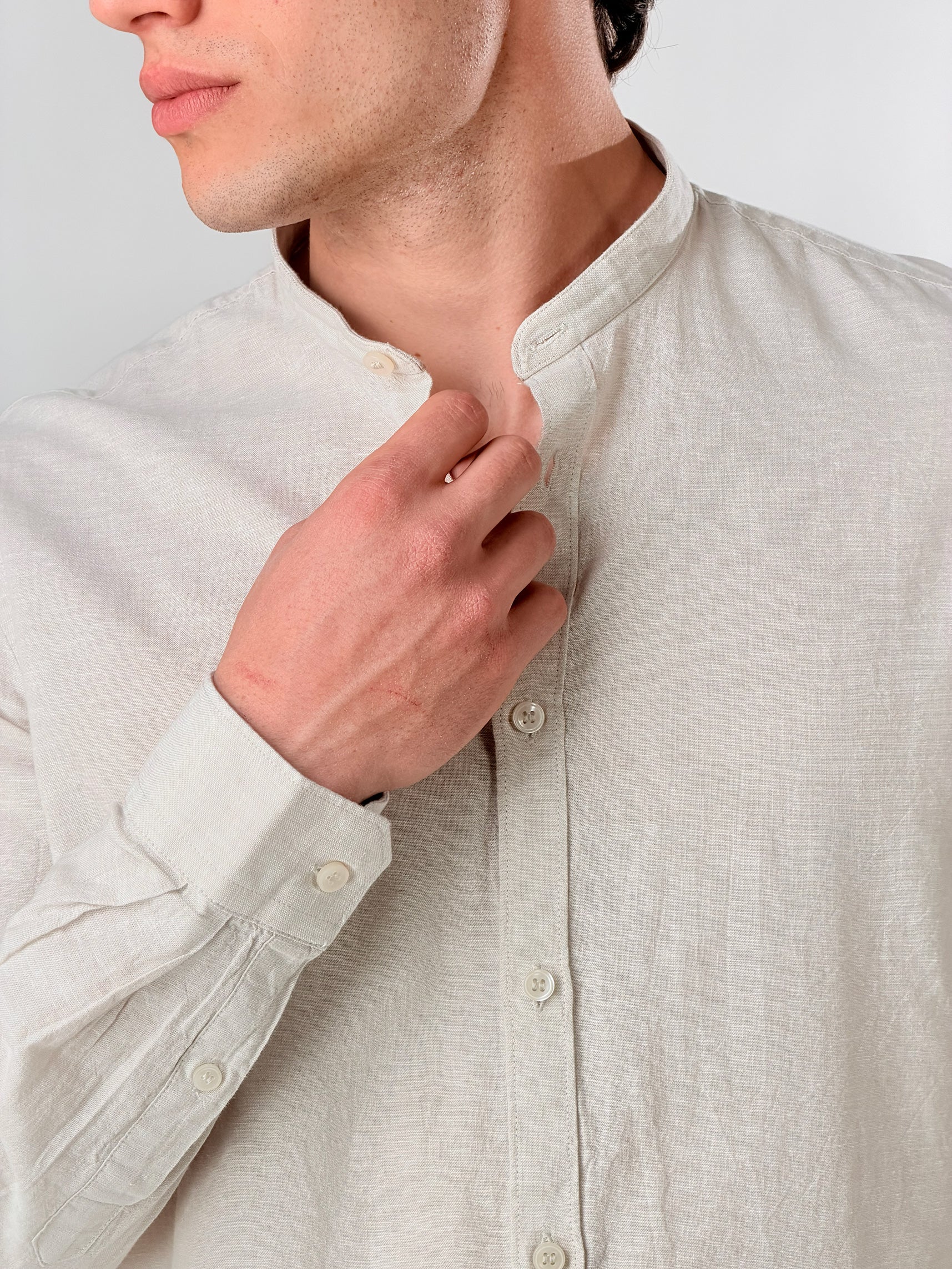 Camicia Lino melangiato collo coreana|Colore:Beige