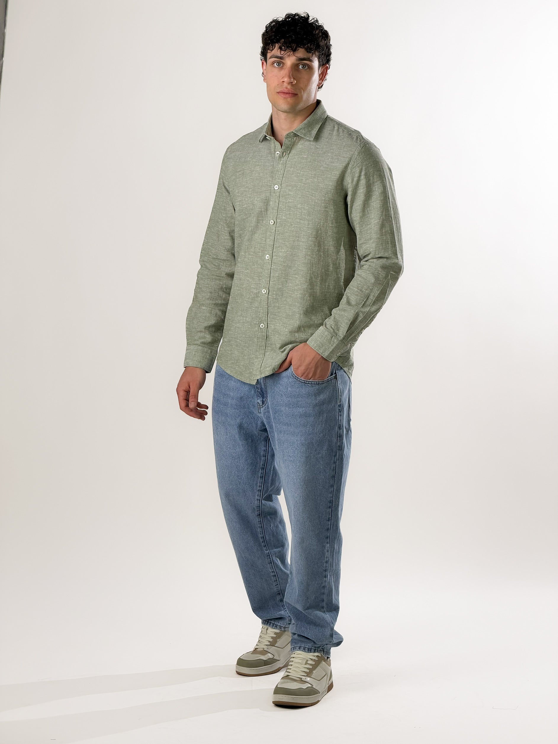 Camicia mélange colletto classico|Colore:Verde
