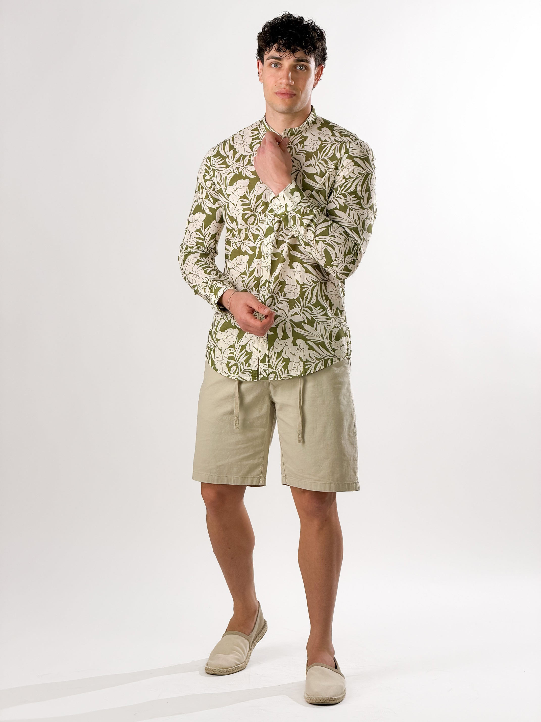 Camicia collo coreana con stampa verde oliva|Colore:Verde militare