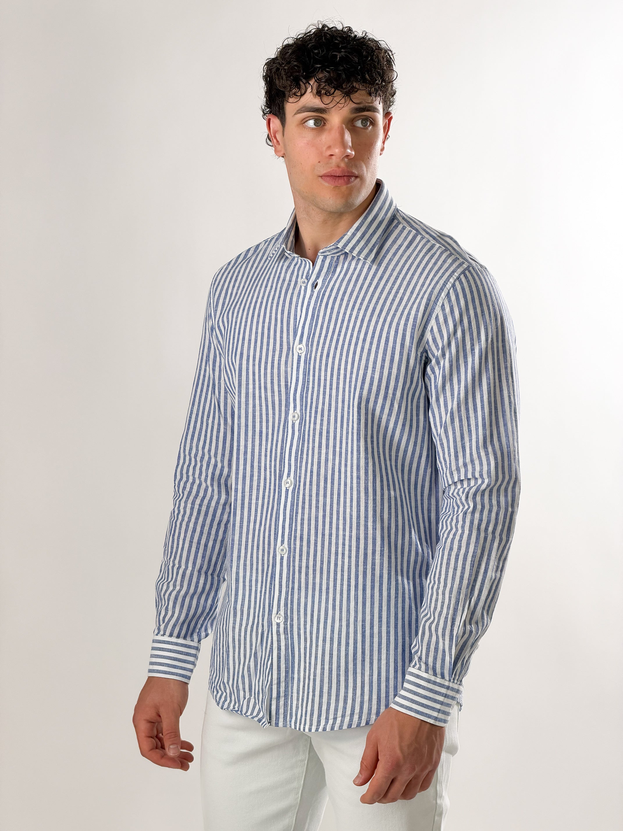 Camicia misto lino righe grandi|Colore:Bluette