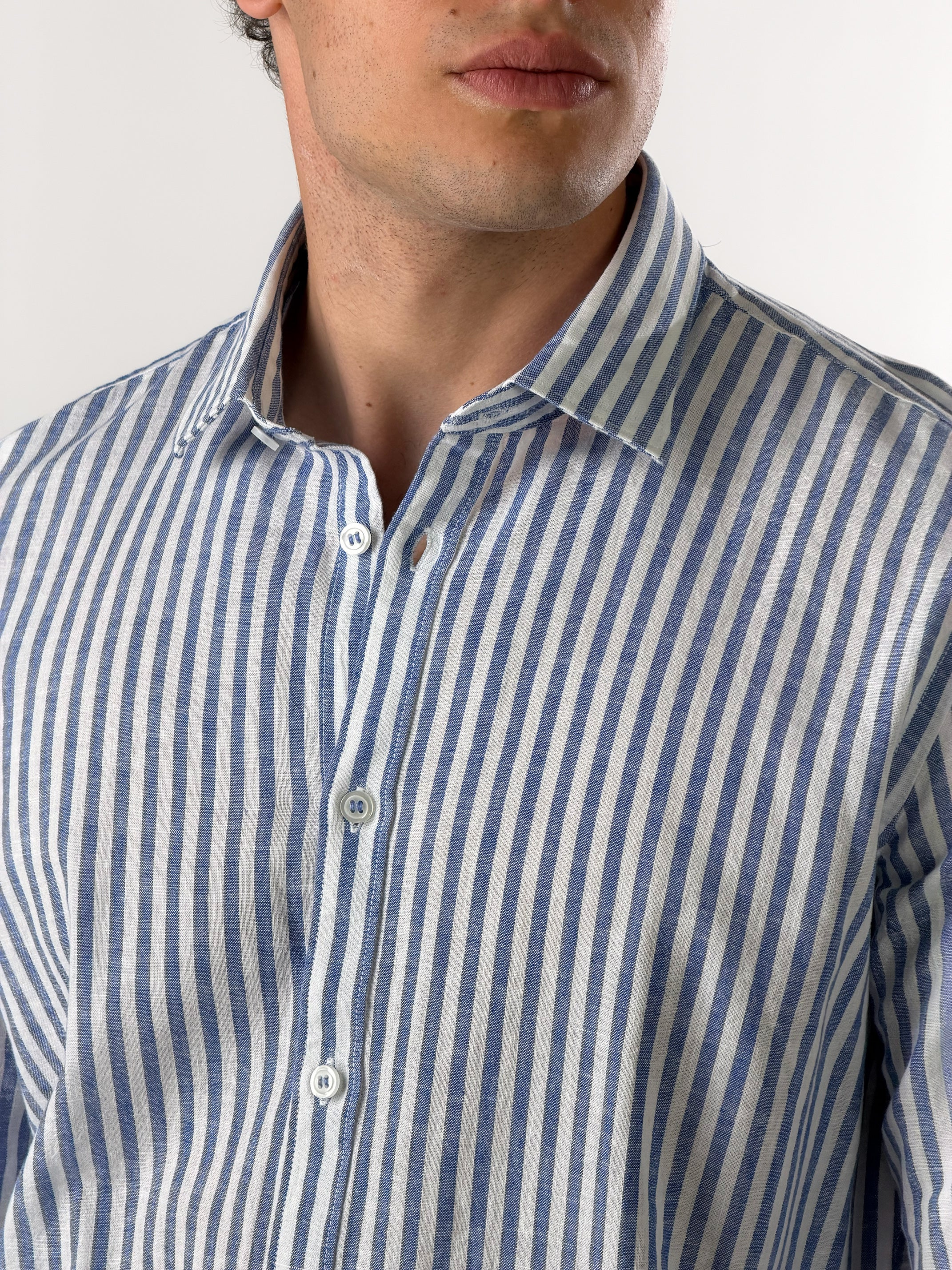 Camicia misto lino righe grandi|Colore:Bluette