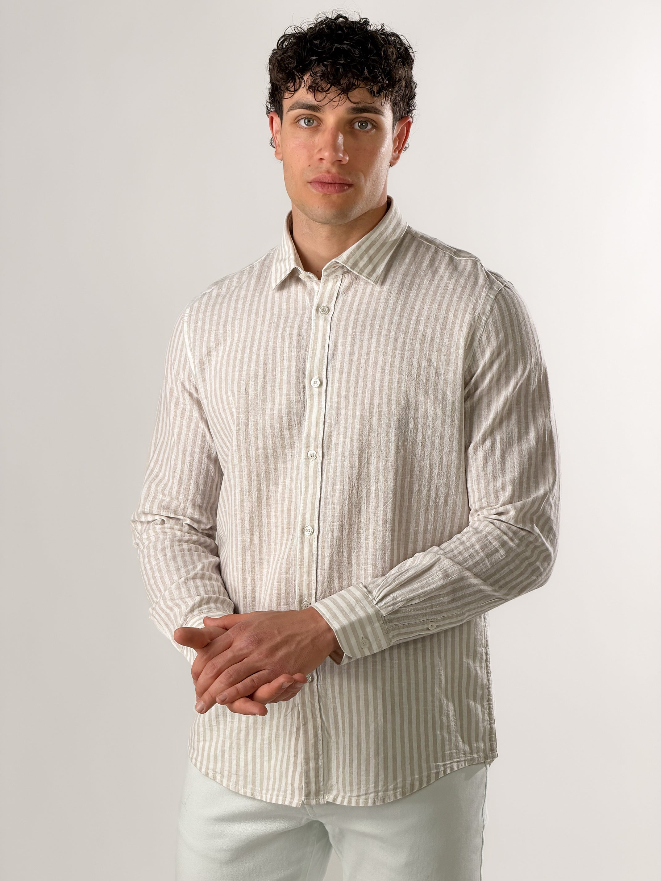 Camicia misto lino righe grandi|Colore:Beige