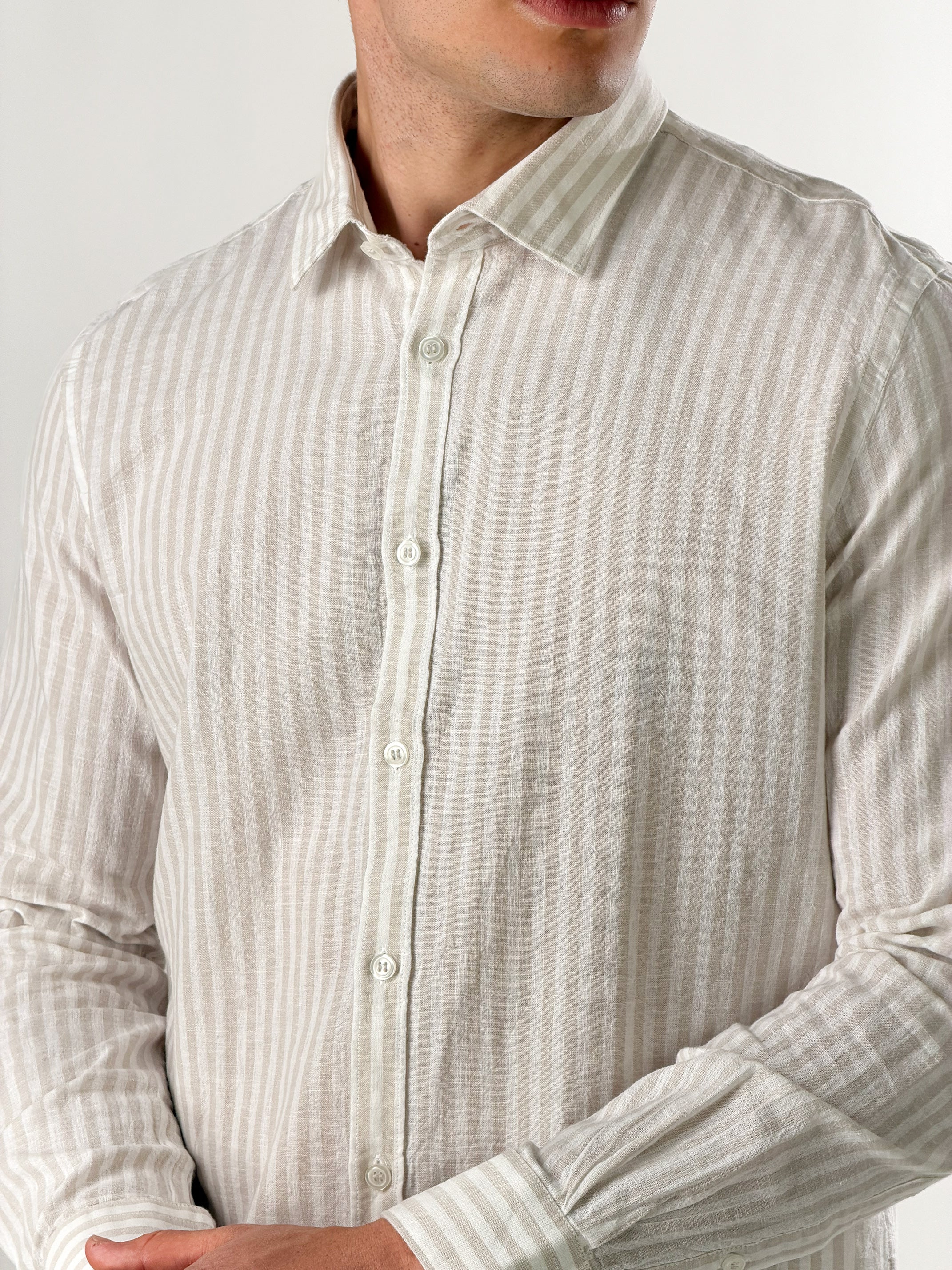 Camicia misto lino righe grandi|Colore:Beige