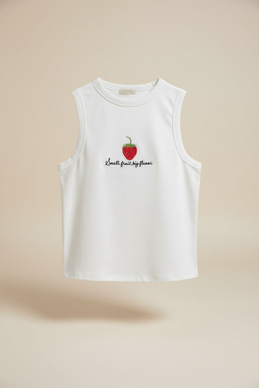 Top con ricamo fragola|Colore:Bianco latte