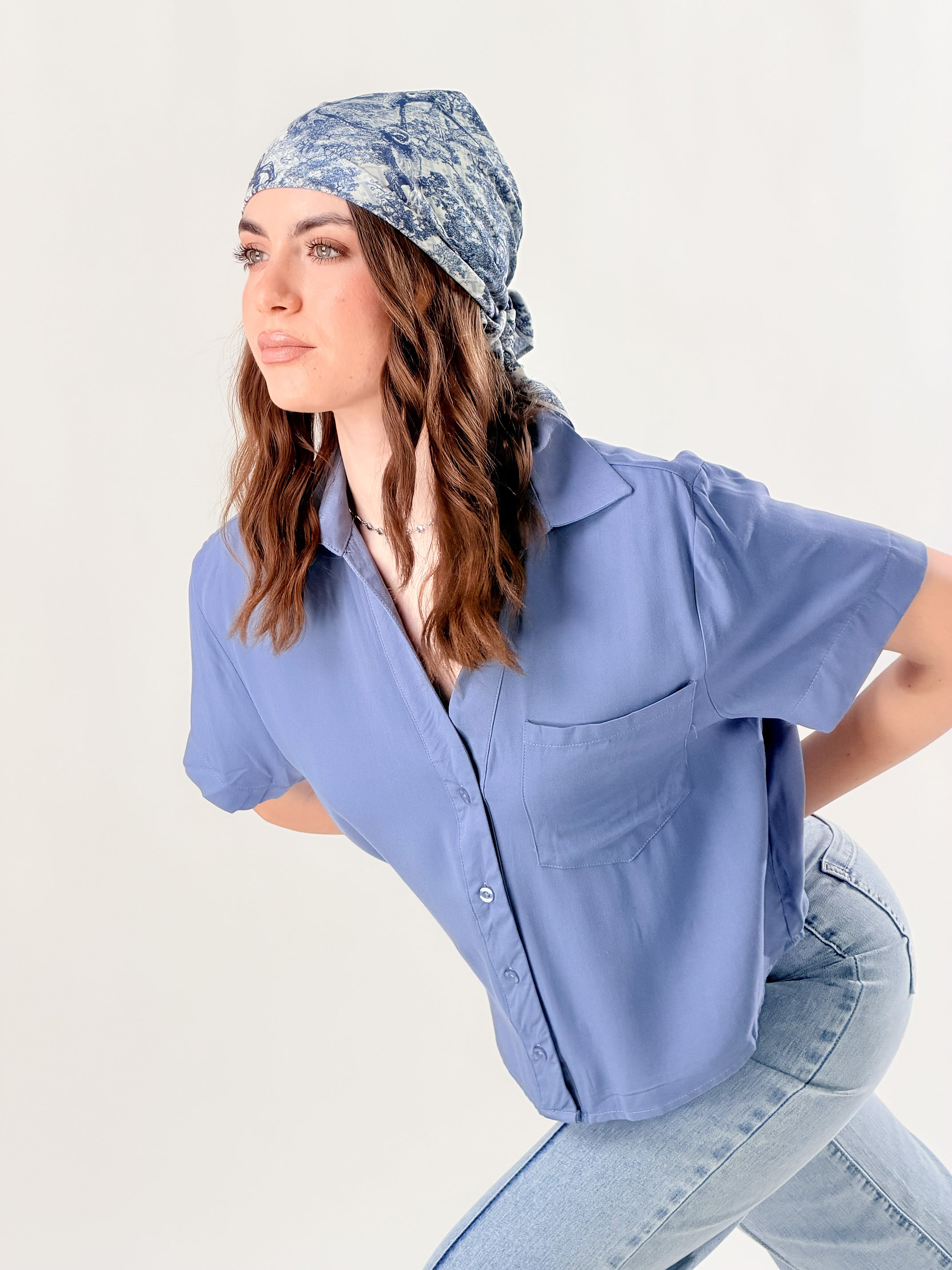 Camicia crop mono taschino|Colore:Denim