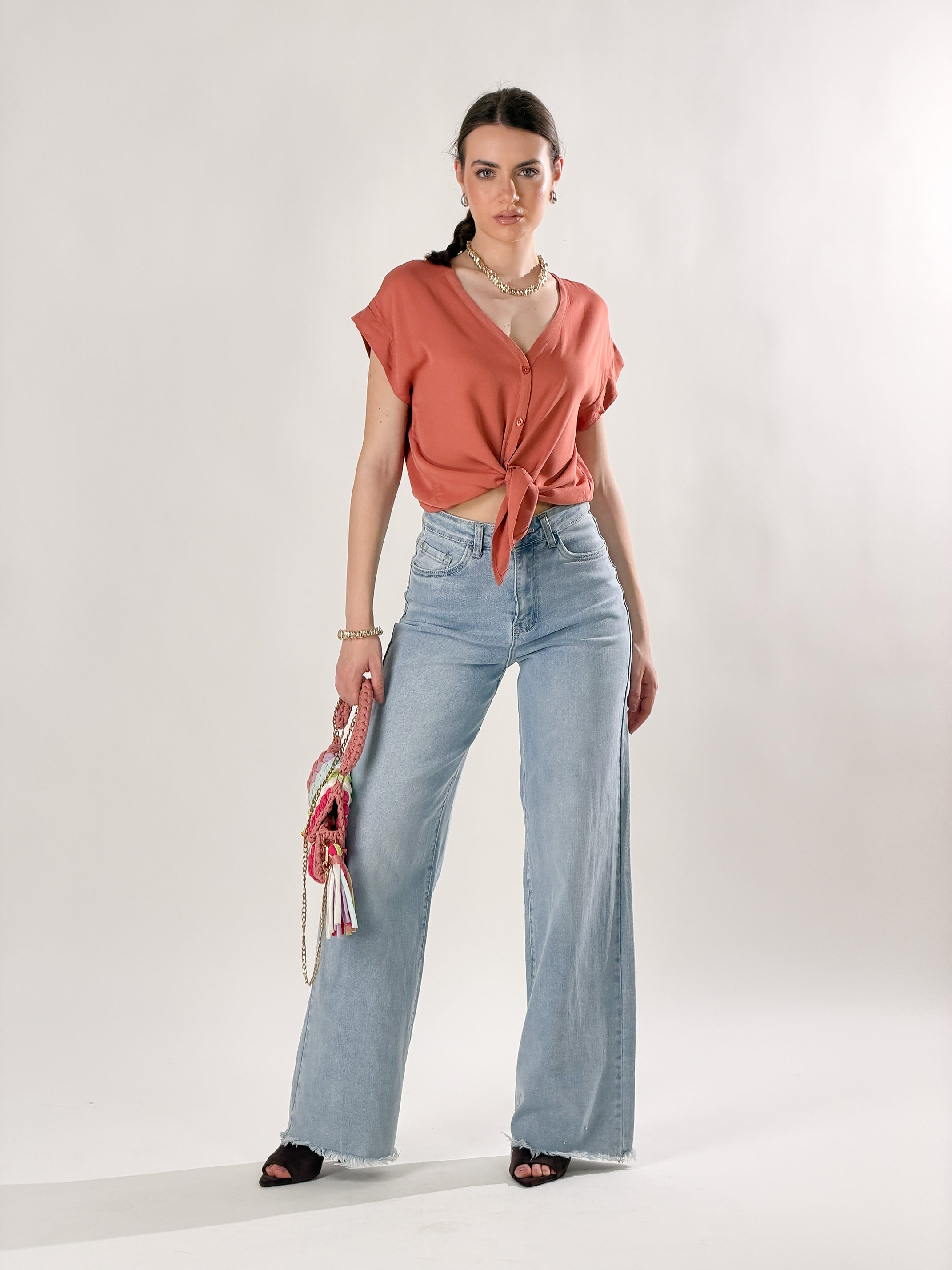 Camicia Nodo scollo a V|Colore:Terracotta