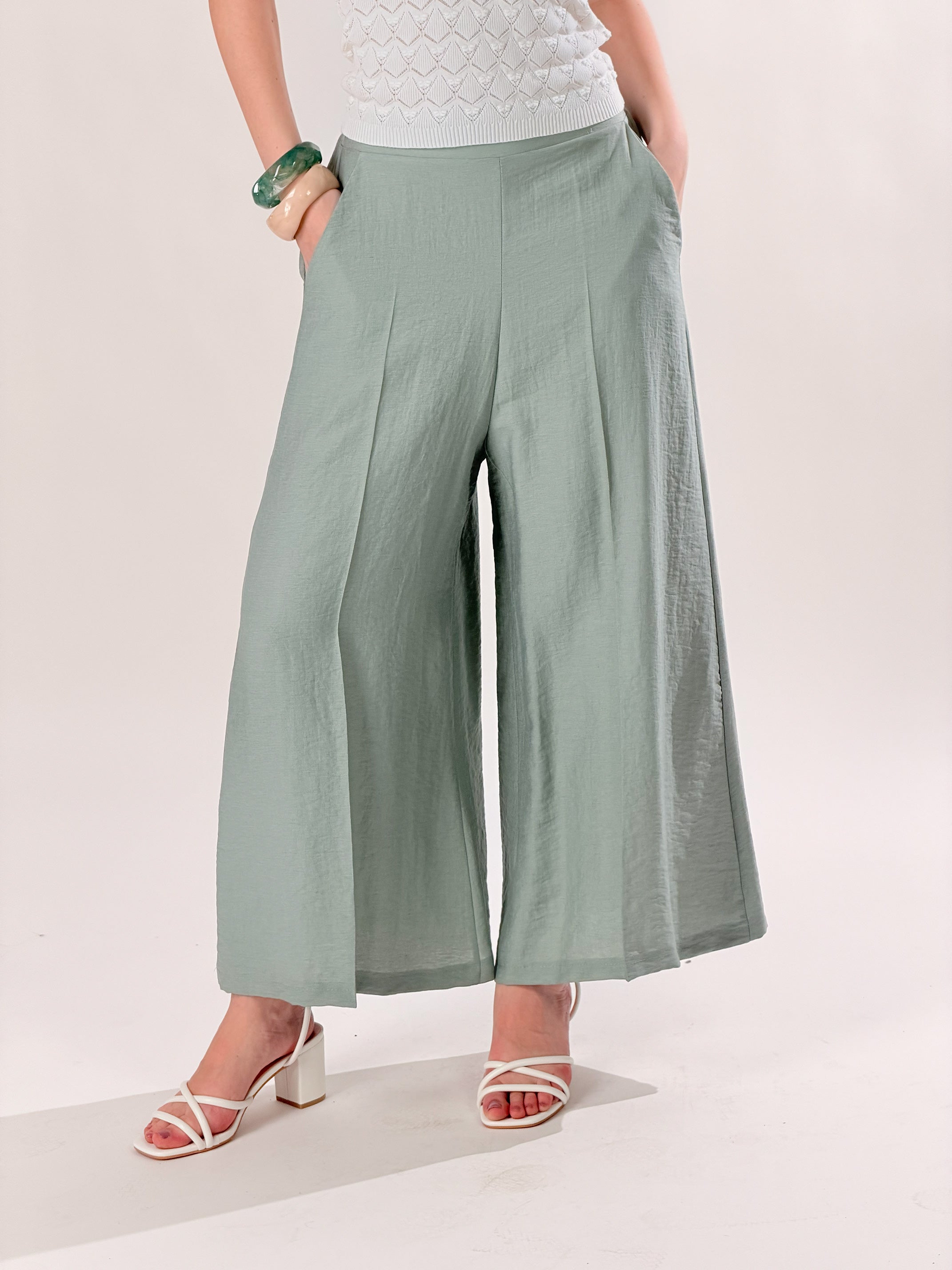 Pantaloni ampi alla caviglia misto lino|Colore:Menta