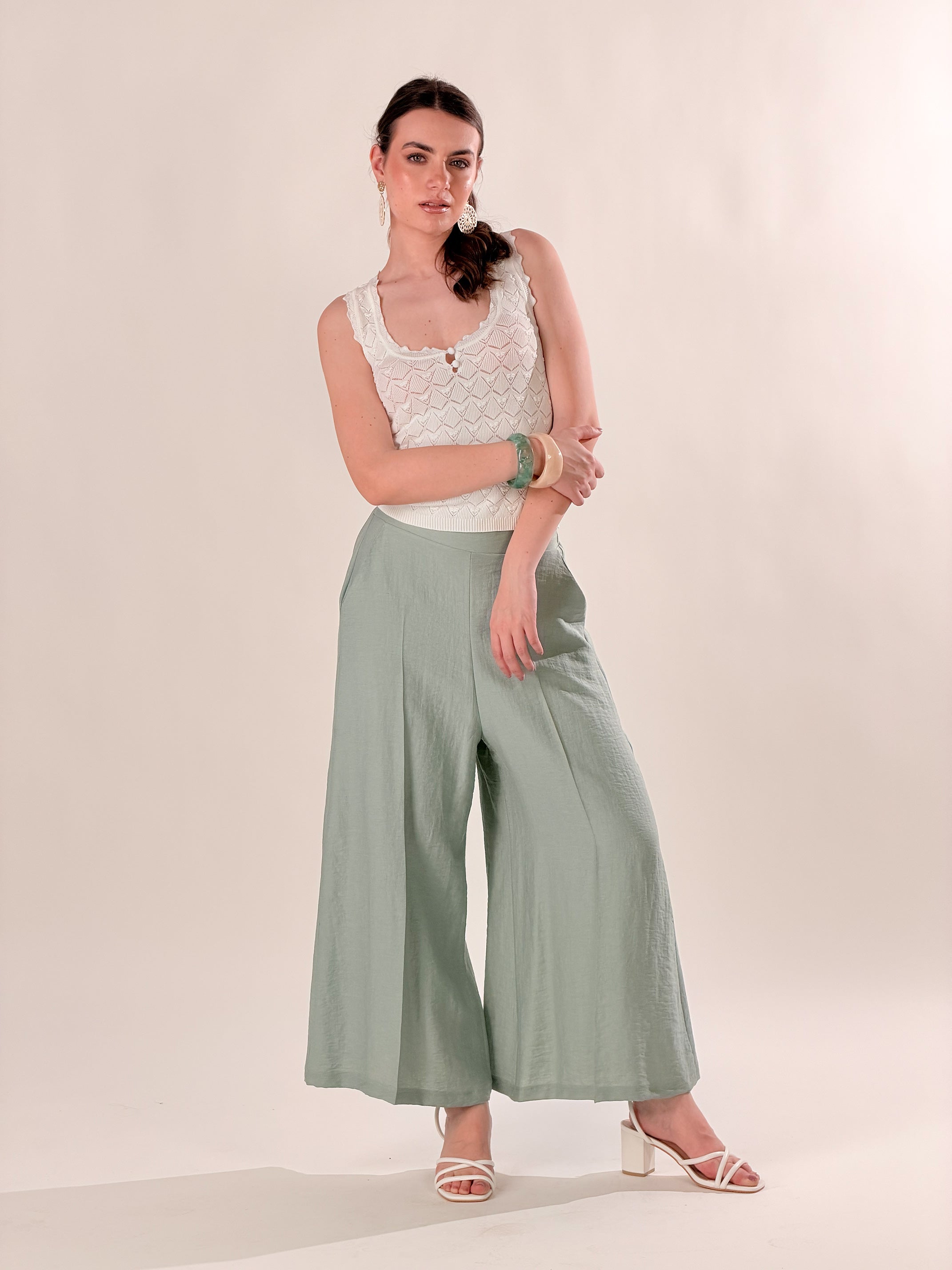 Pantaloni ampi alla caviglia misto lino|Colore:Menta