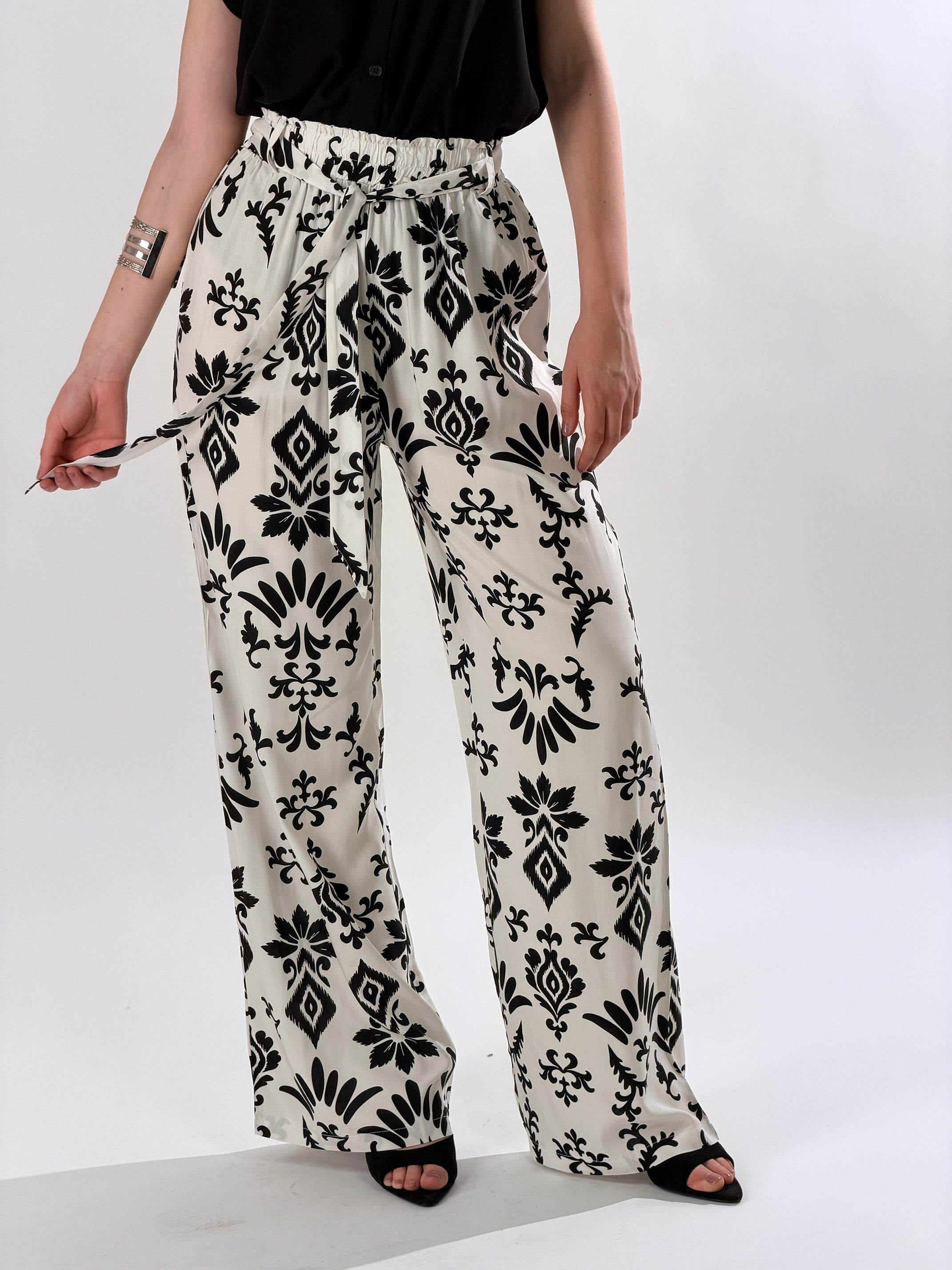 Pantalone palazzo fantasia maiolica|Colore:Bianco/nero