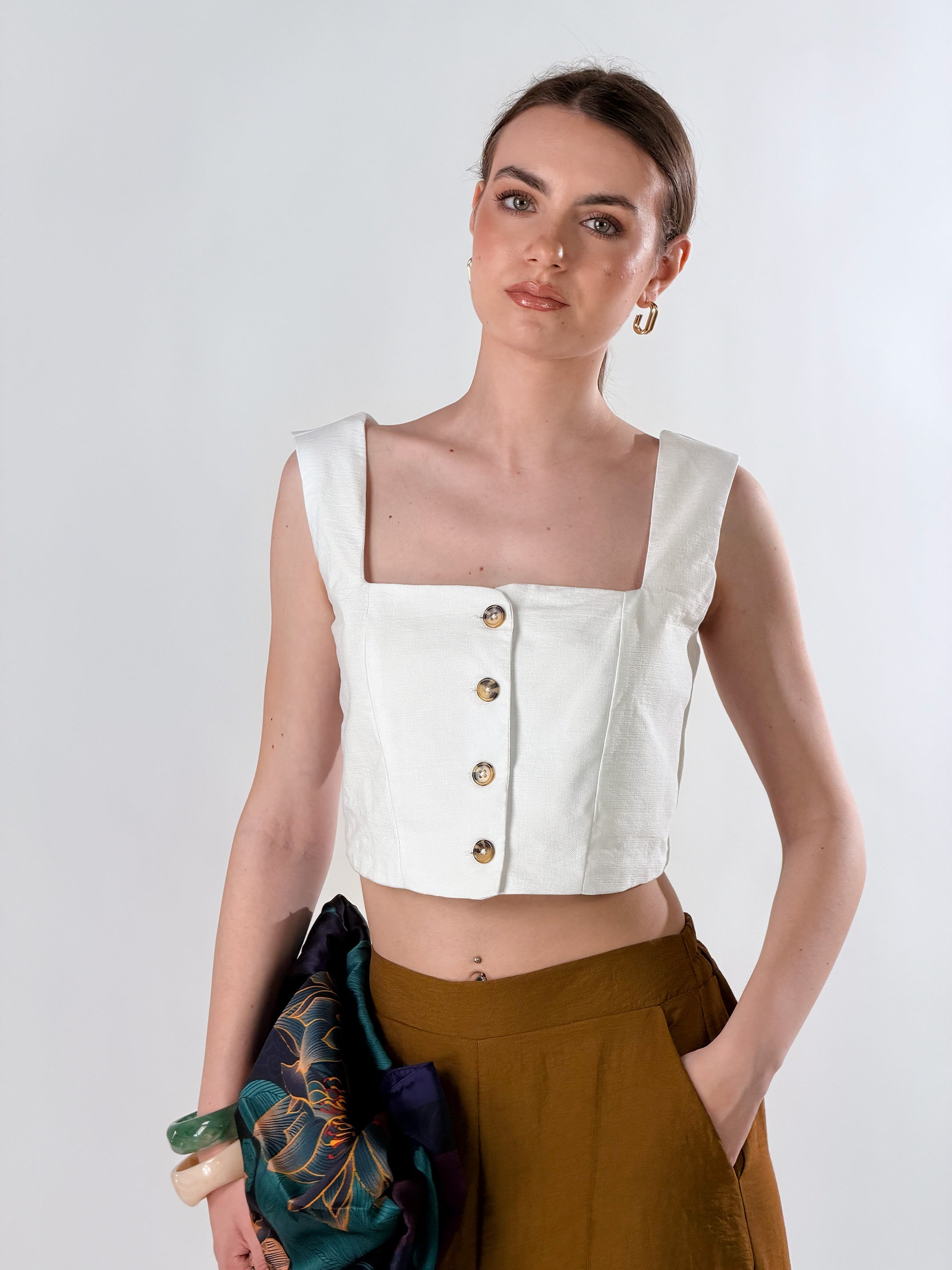 Top Karen effetto lino|Colore:Bianco