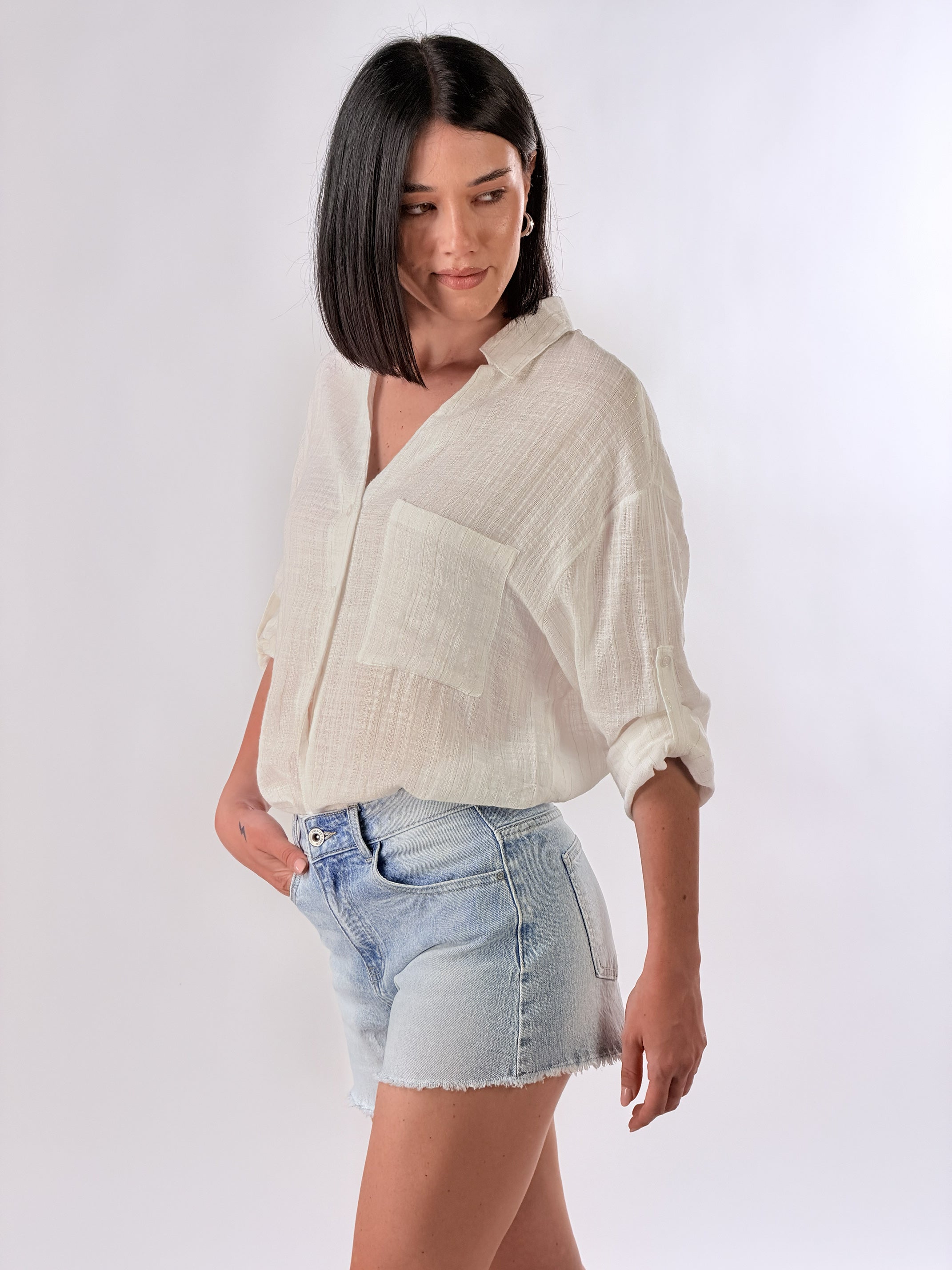 Camicia effetto fiammato con filato lurex oro|Colore:Bianco