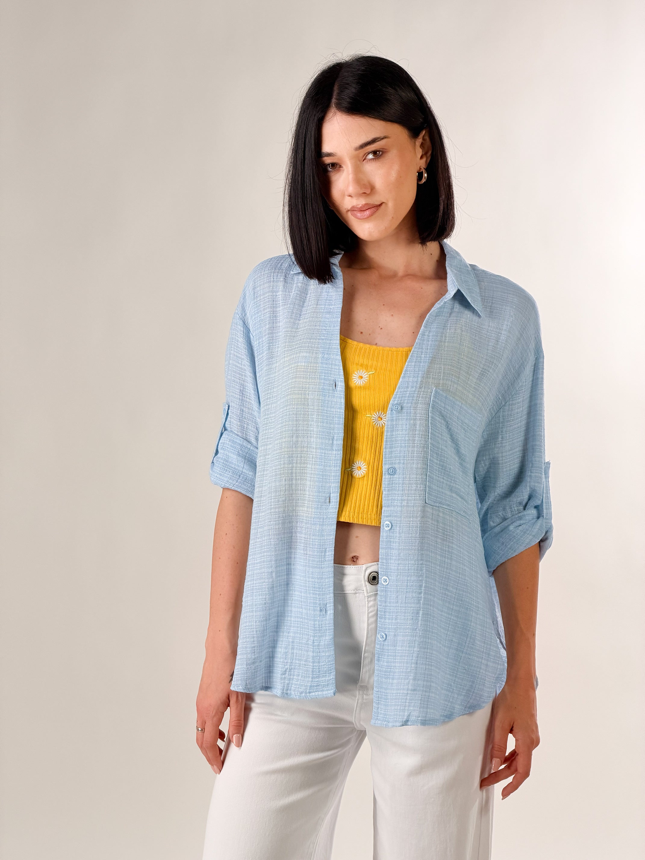 Camicia effetto fiammato con filato lurex oro|Colore:Celeste