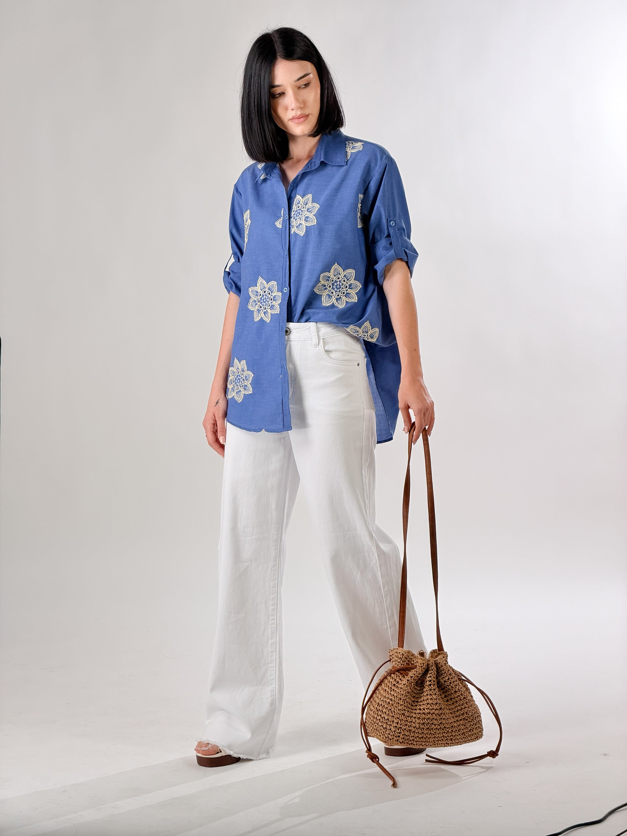 Camicia con ricami oro e avorio|Colore:Denim