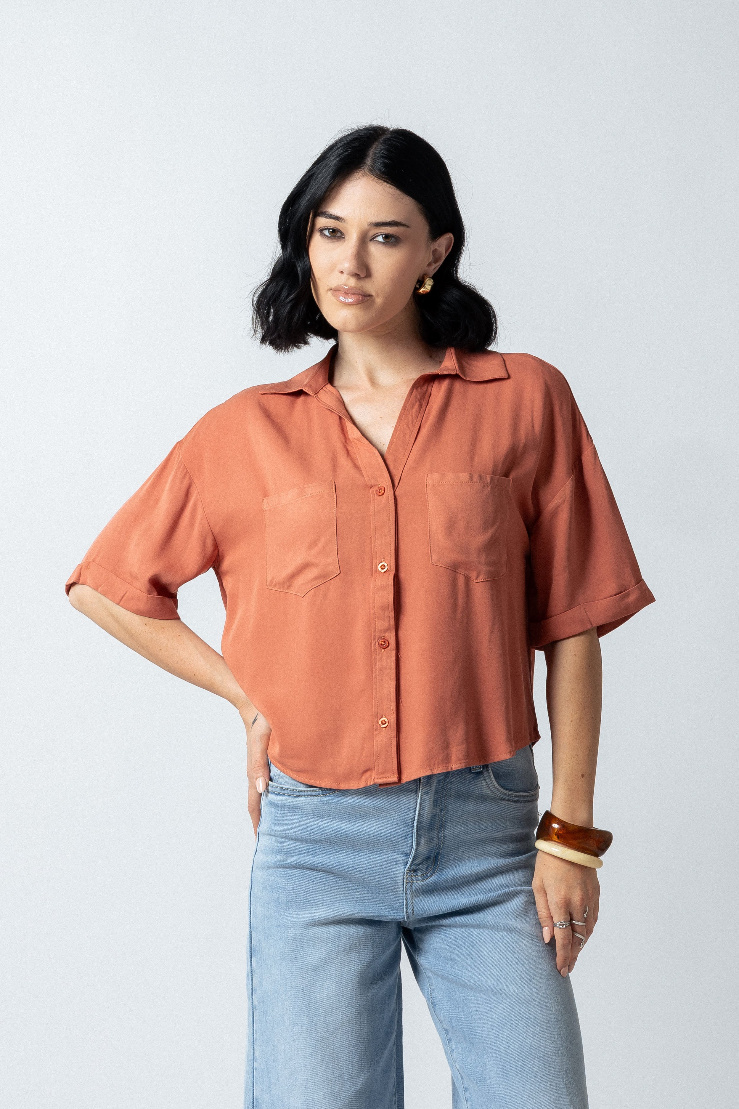 Camicia over crop con tasche|Colore:Terracotta
