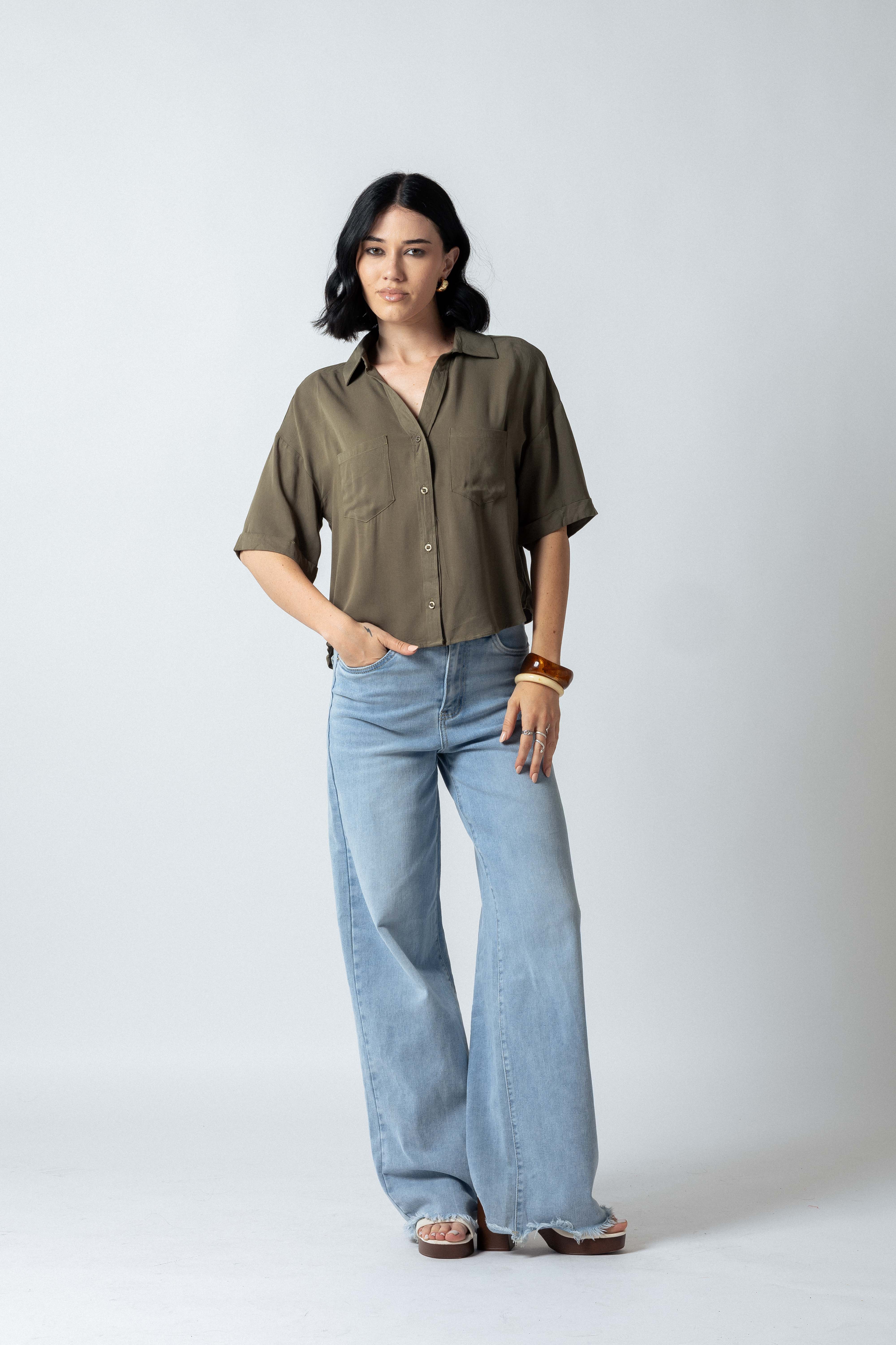 Camicia over crop con tasche|Colore:Salvia