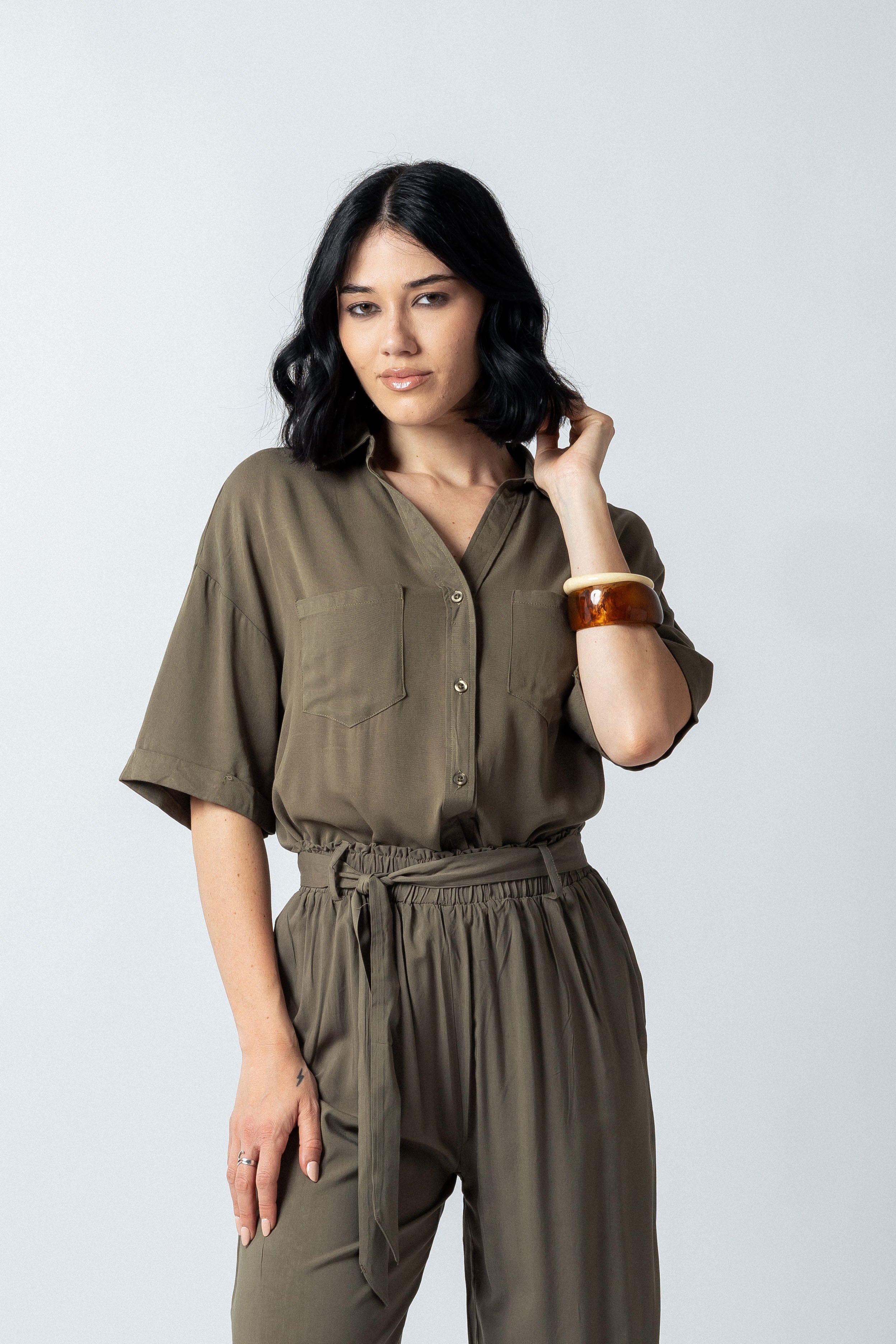 Camicia over crop con tasche|Colore:Salvia