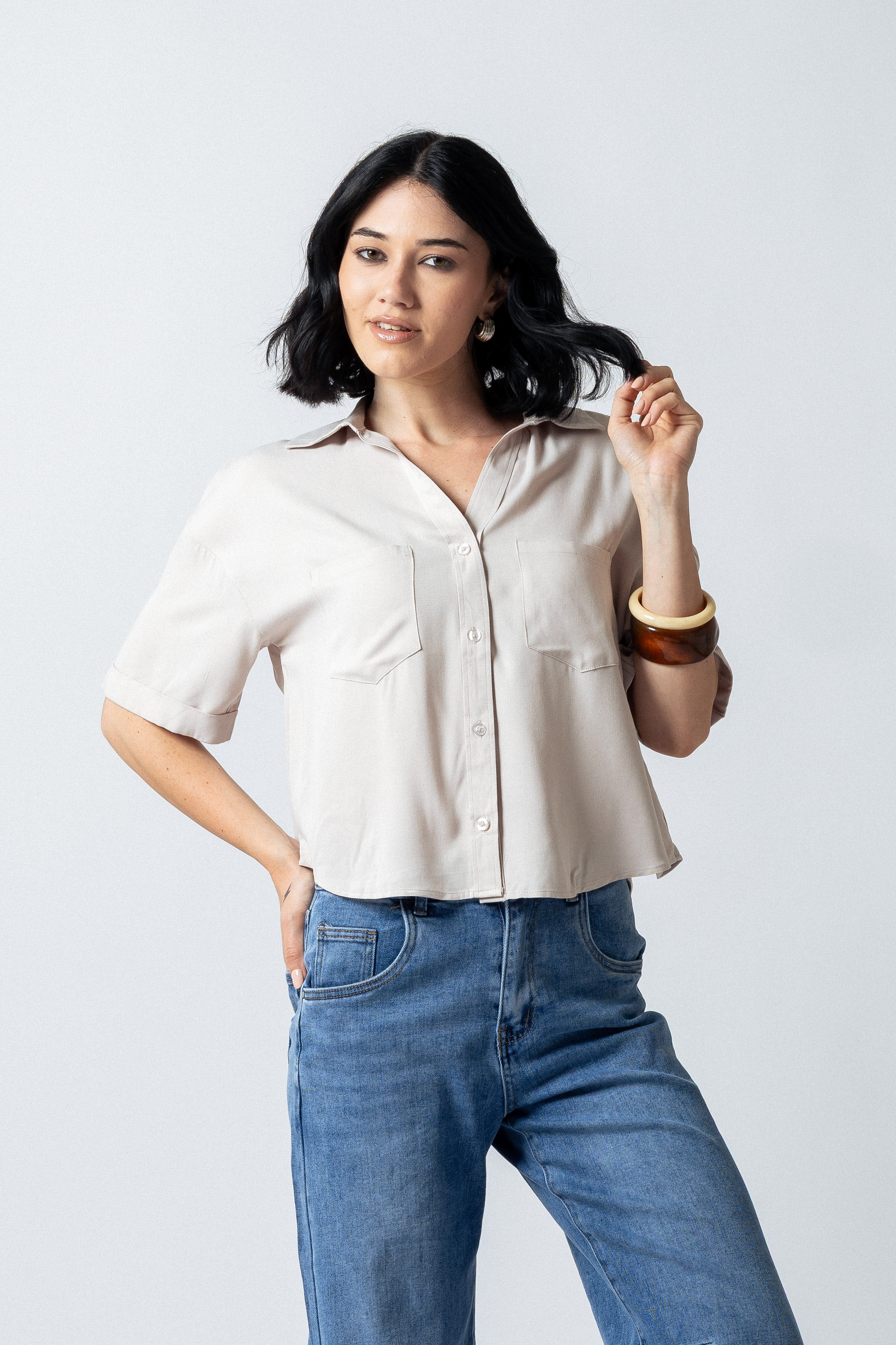 Camicia over crop con tasche|Colore:Corda