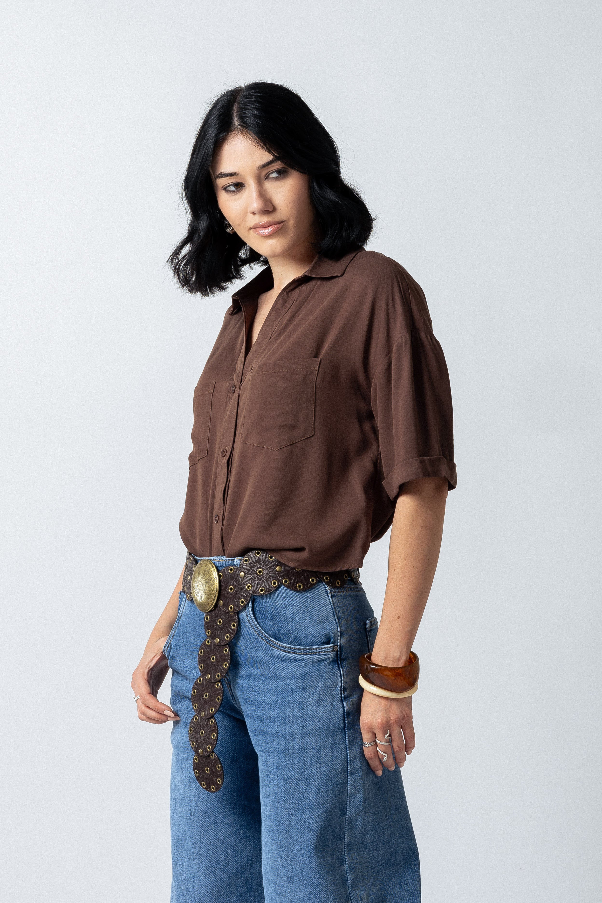 Camicia over crop con tasche|Colore:Tabacco
