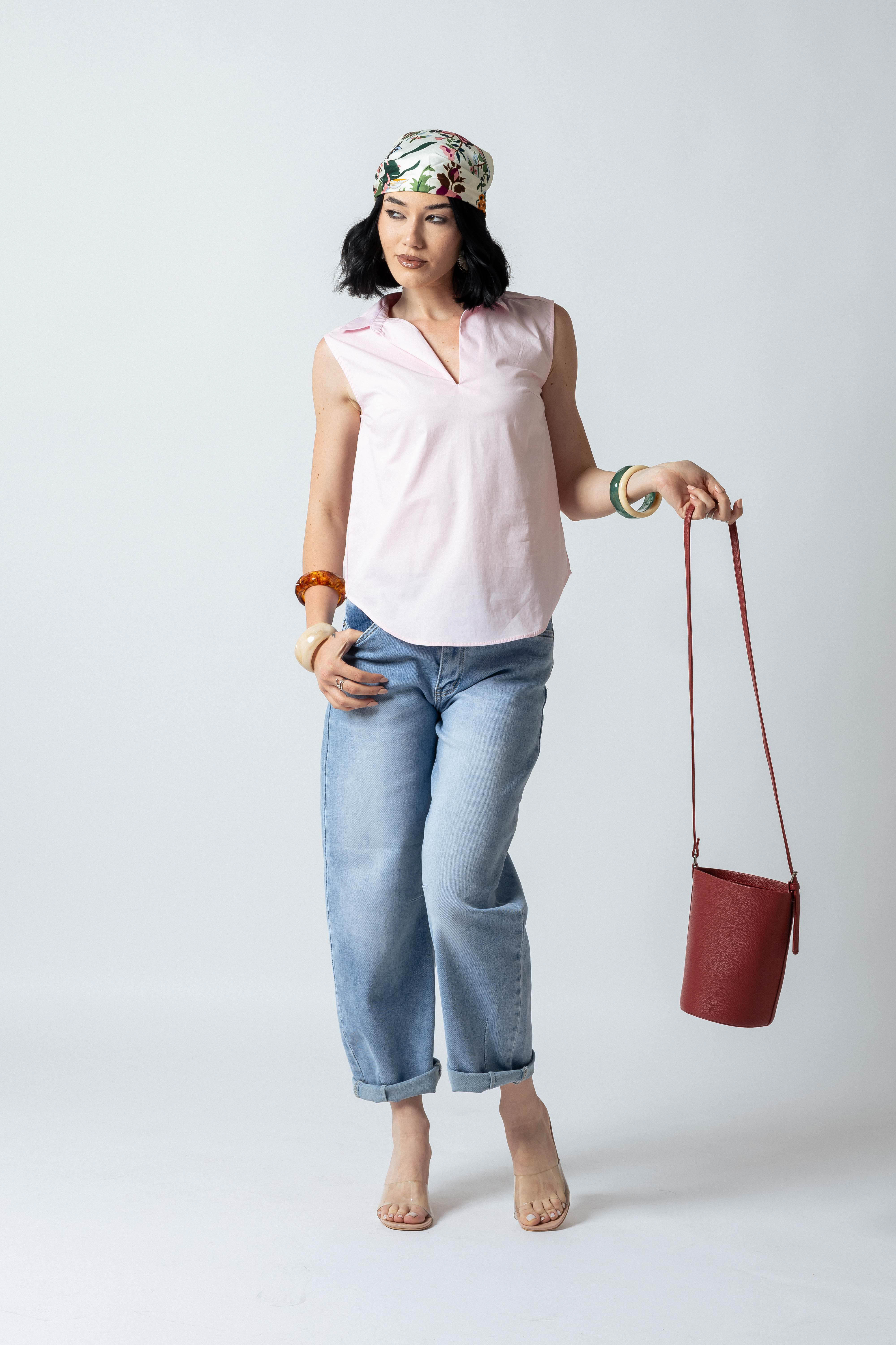 Camicia scollo a V senza bottoni|Colore:Rosa chiaro