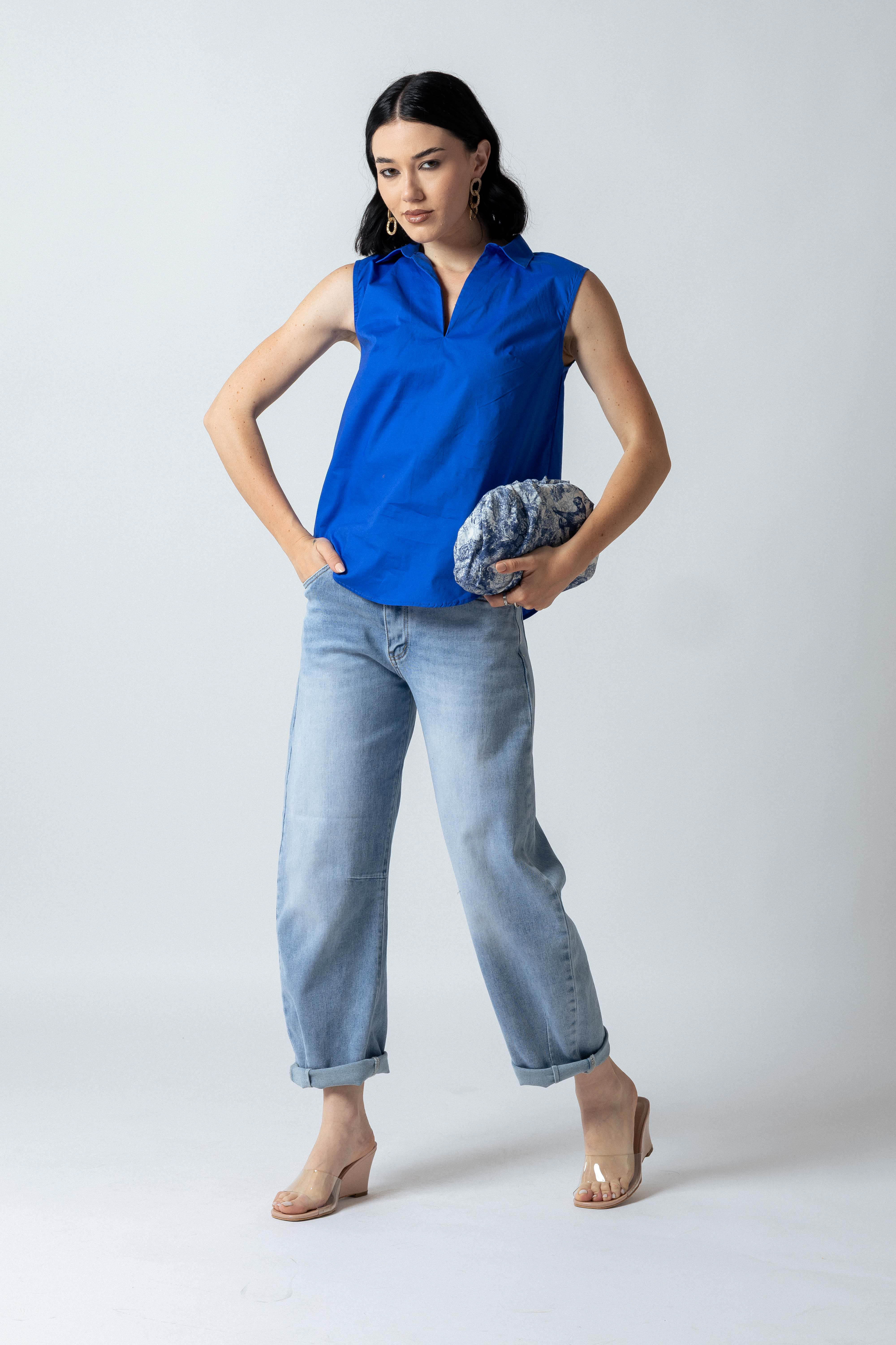 Camicia scollo a V senza bottoni|Colore:Blu royal