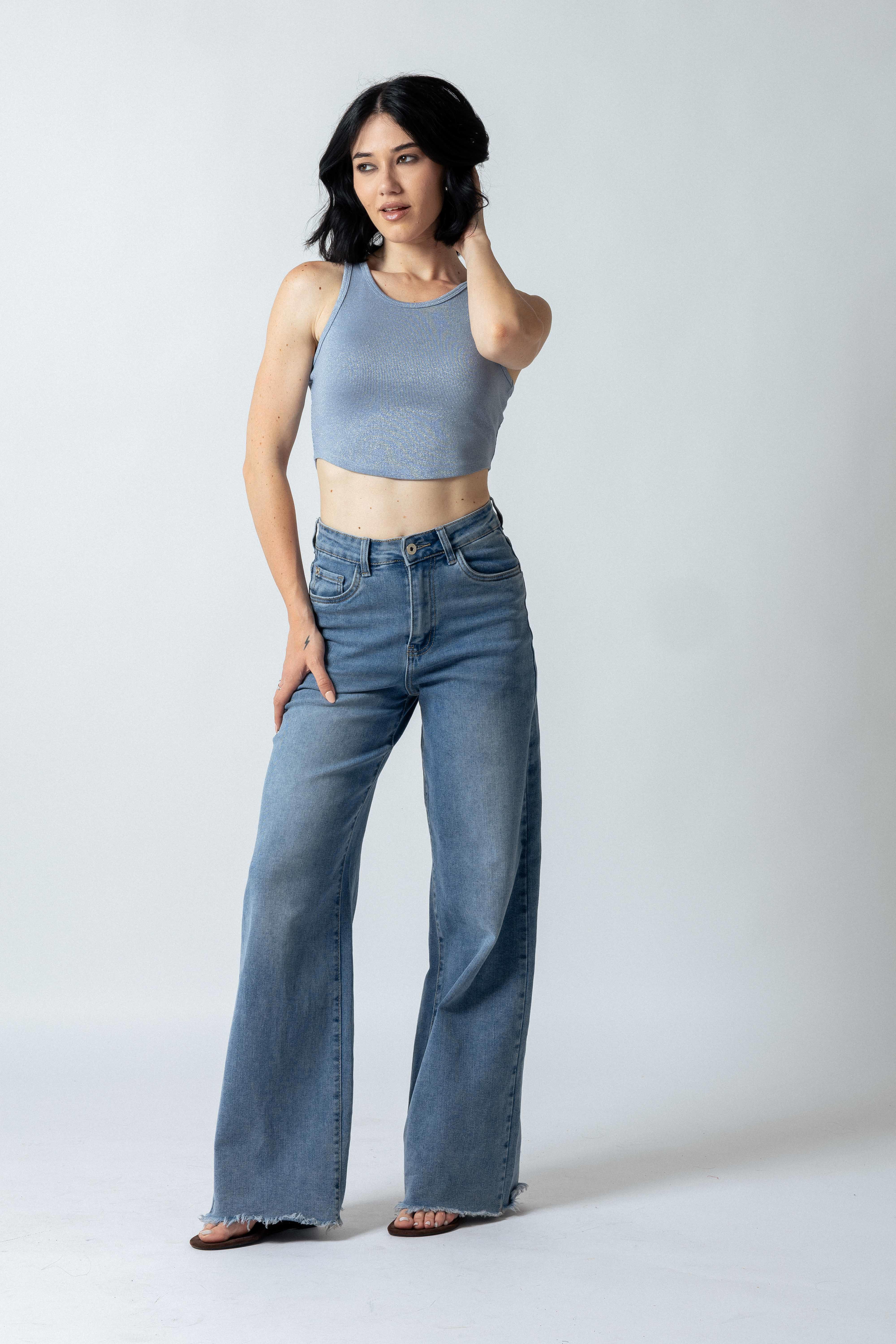 Top con orlo curvato|Colore:Denim