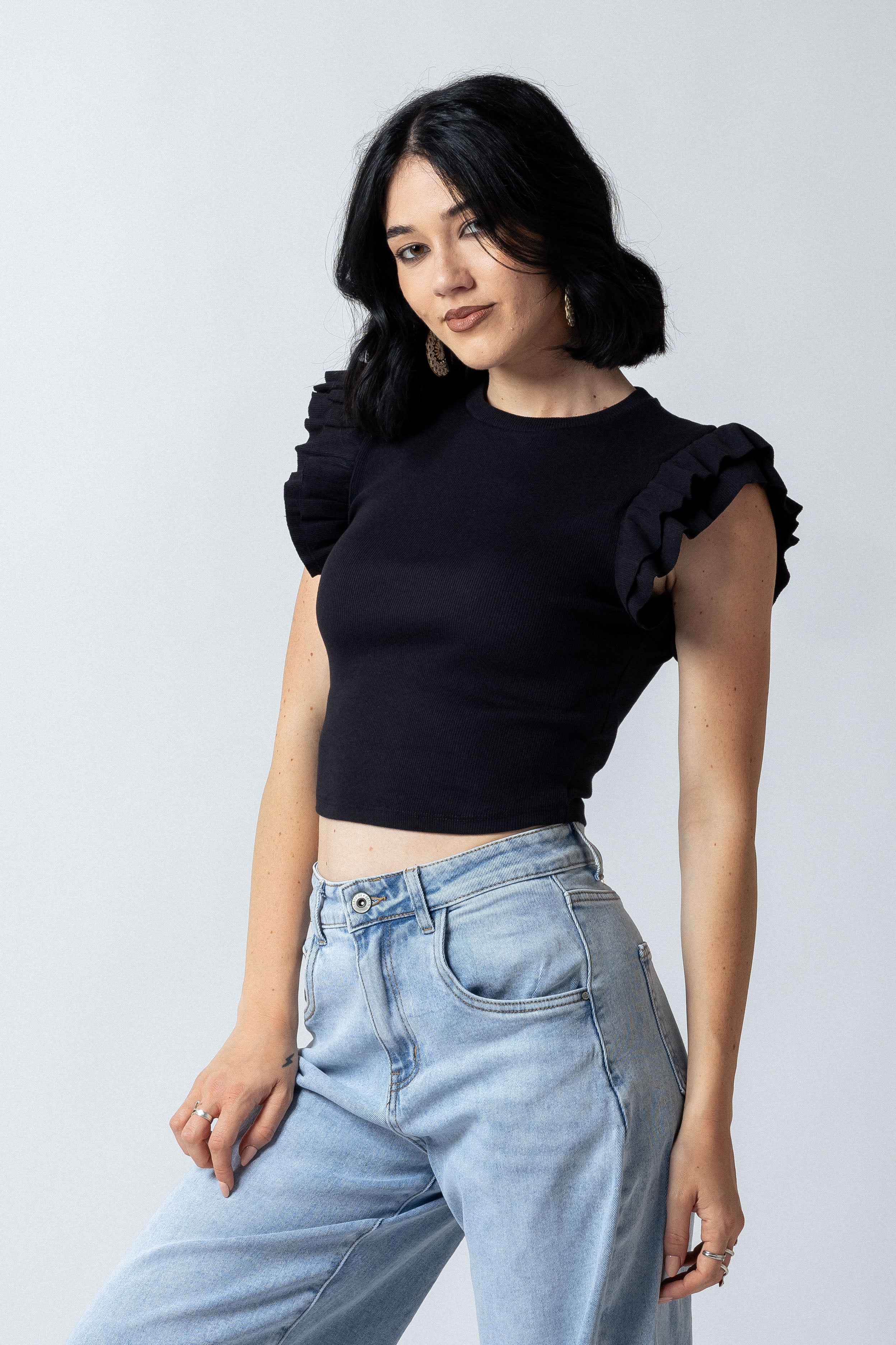 Top maniche con balze|Colore:Nero
