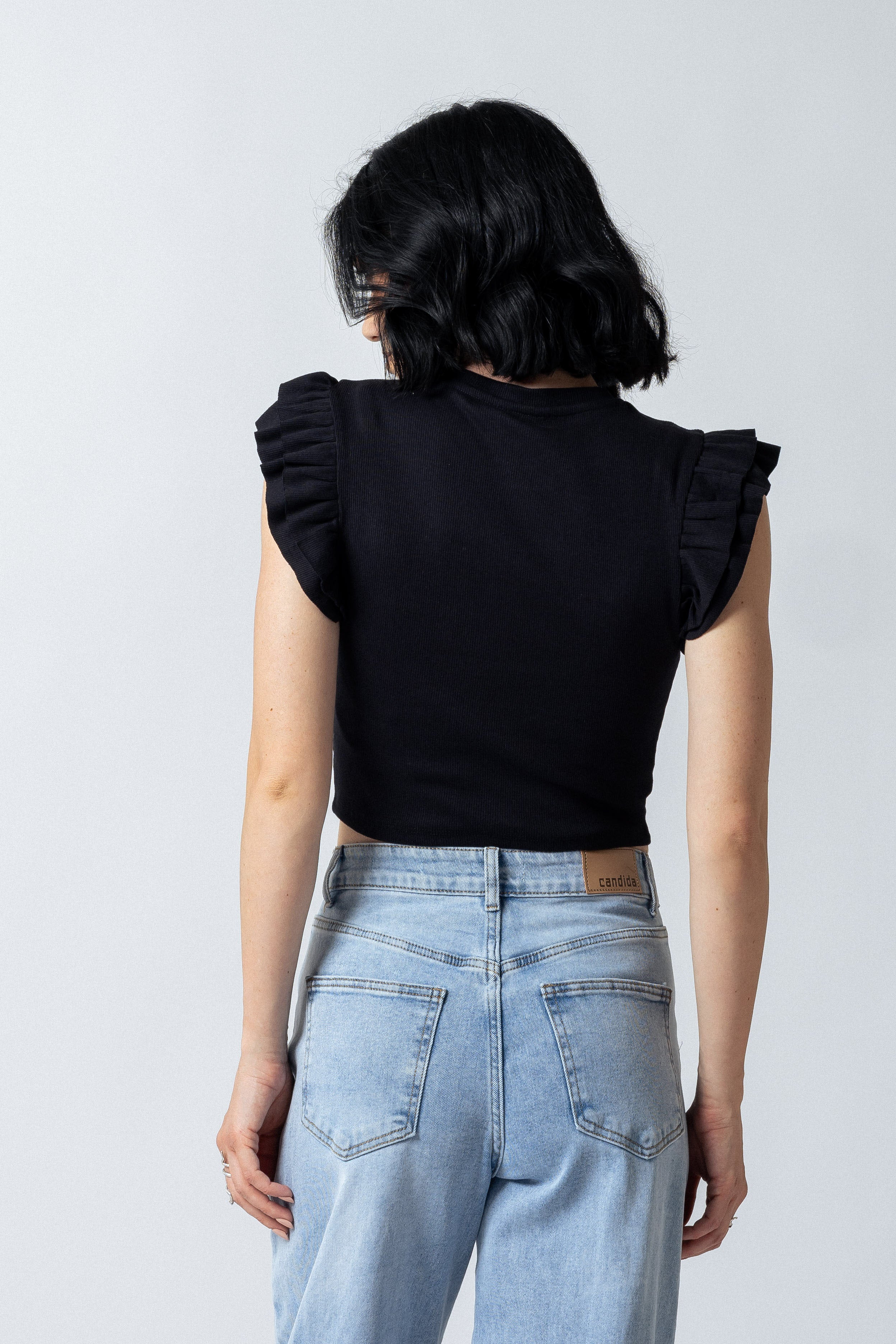 Top maniche con balze|Colore:Nero