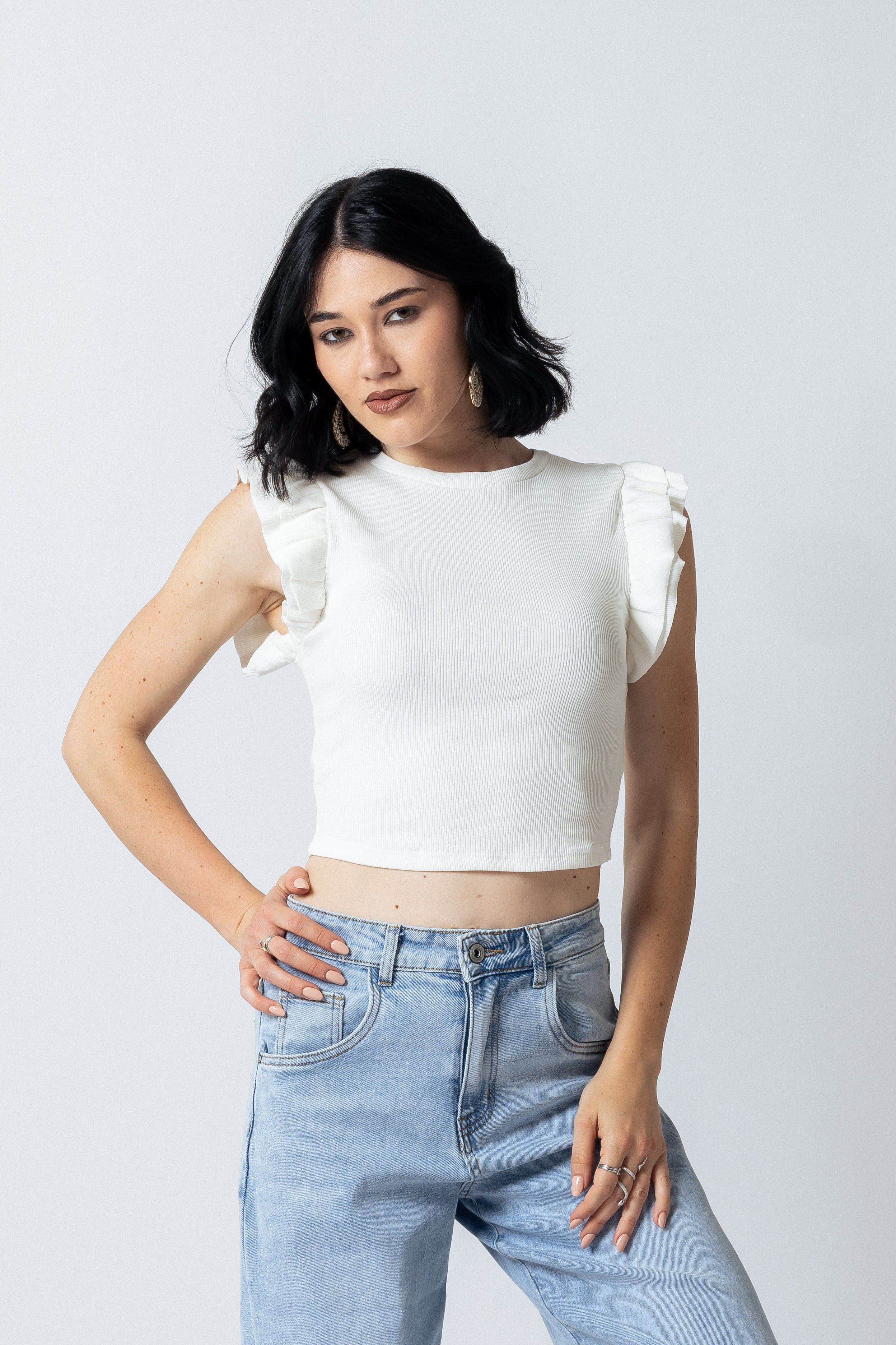 Top maniche con balze|Colore:Bianco latte