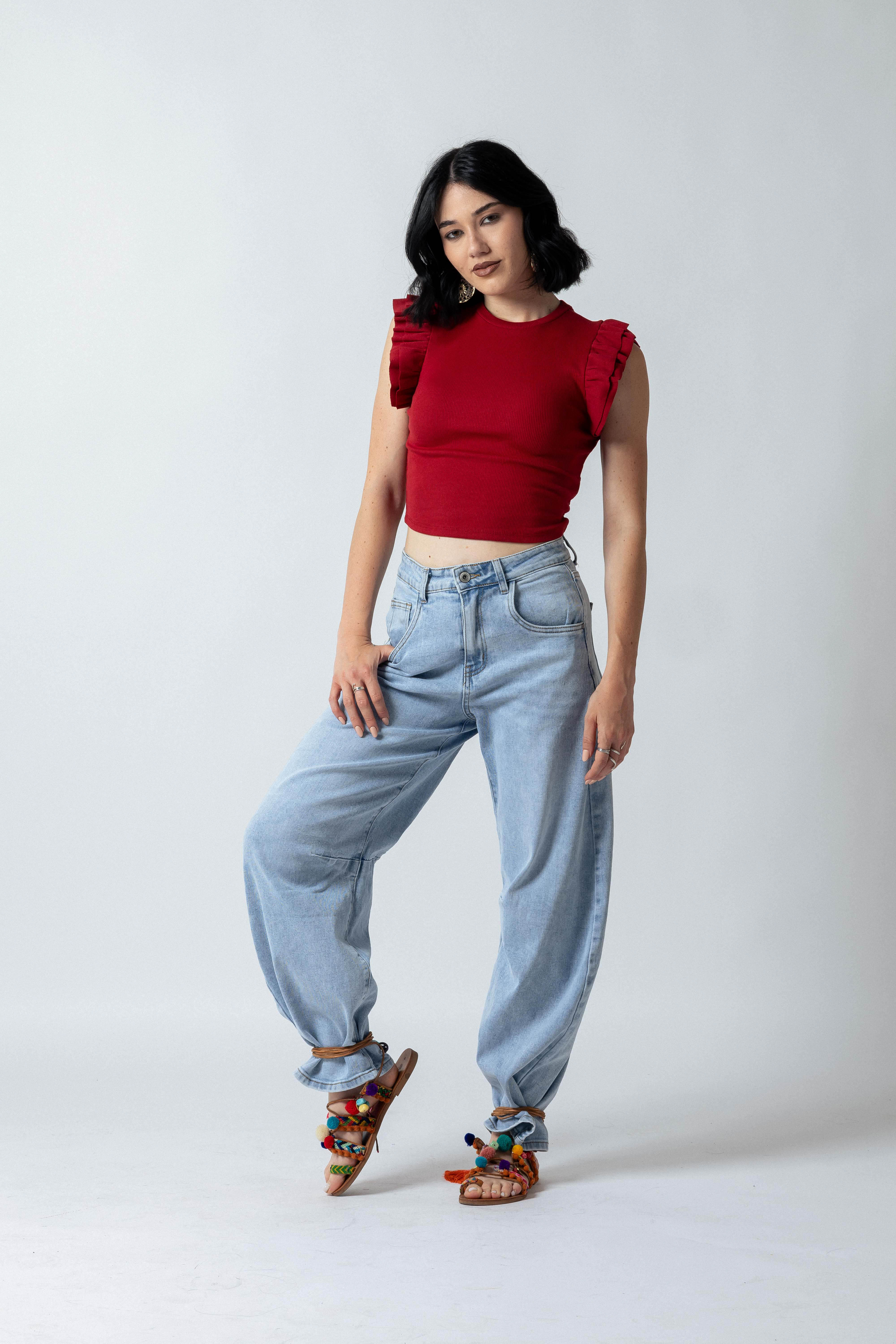 Top maniche con balze|Colore:Rosso india
