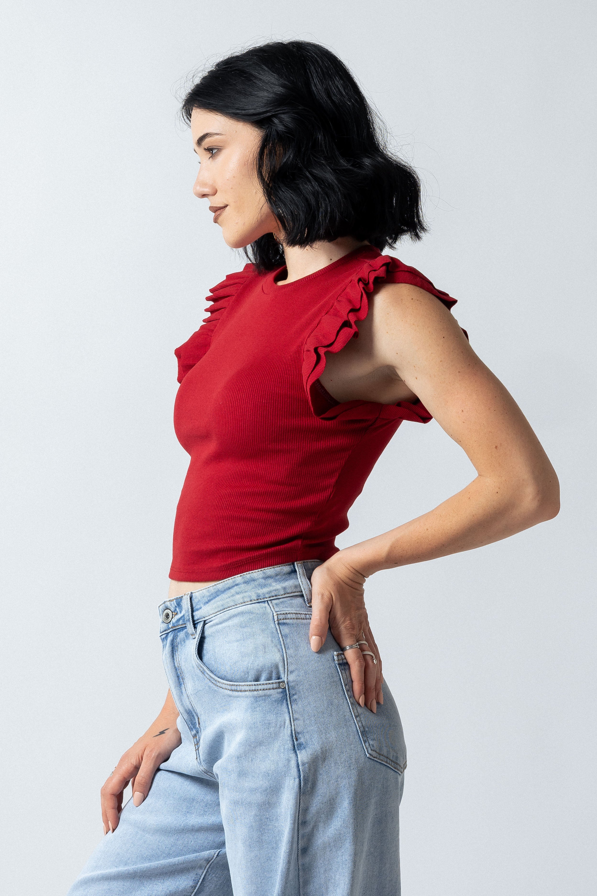 Top maniche con balze|Colore:Rosso india