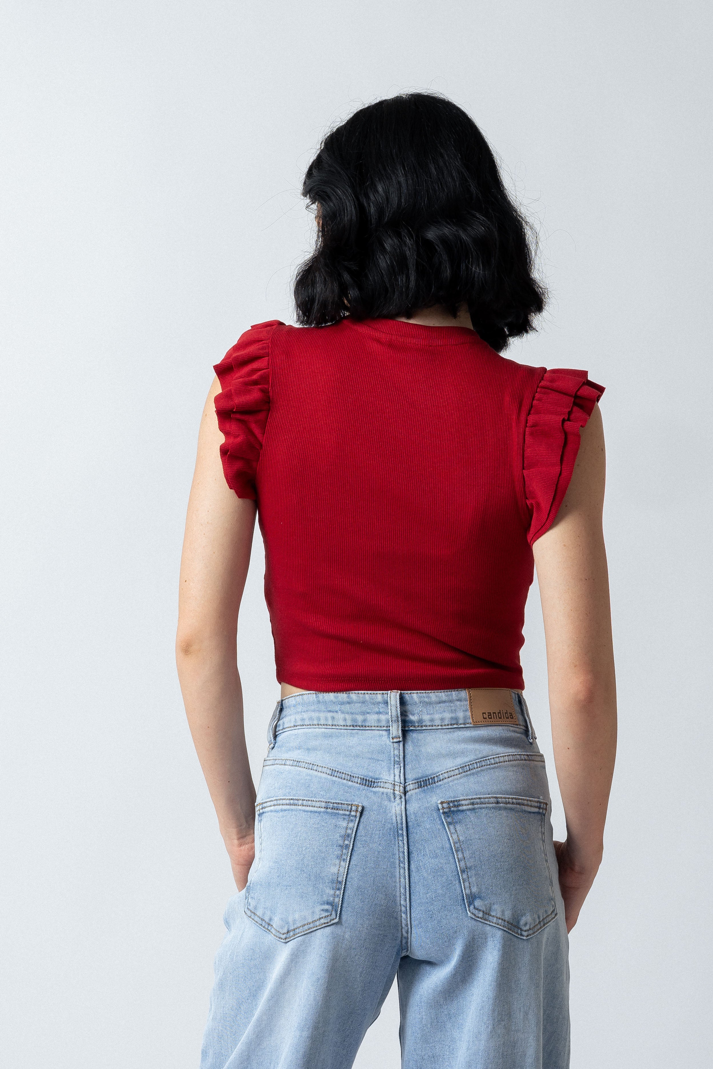 Top maniche con balze|Colore:Rosso india