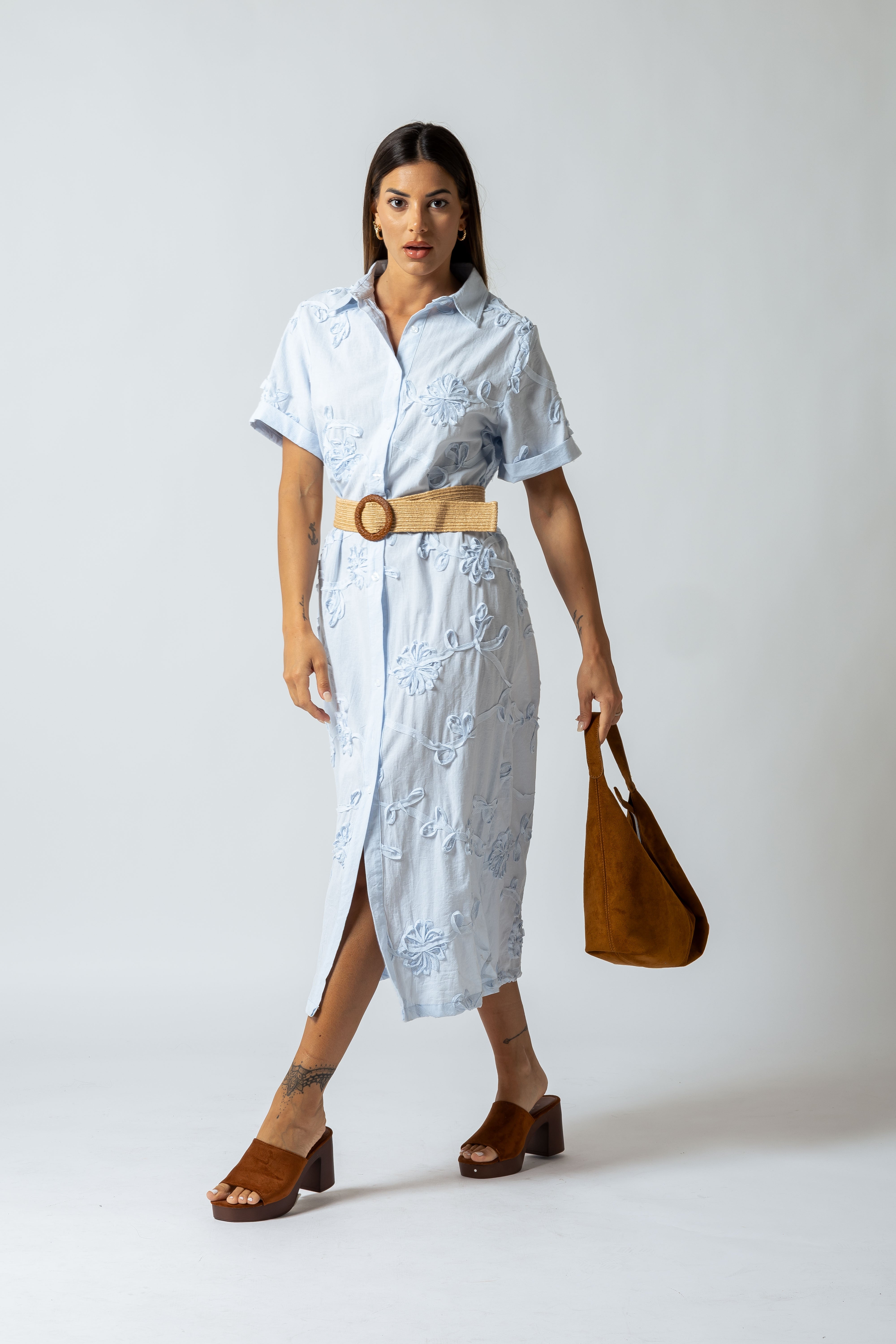 Abito chemisier con cintura|Colore:Blu chiaro