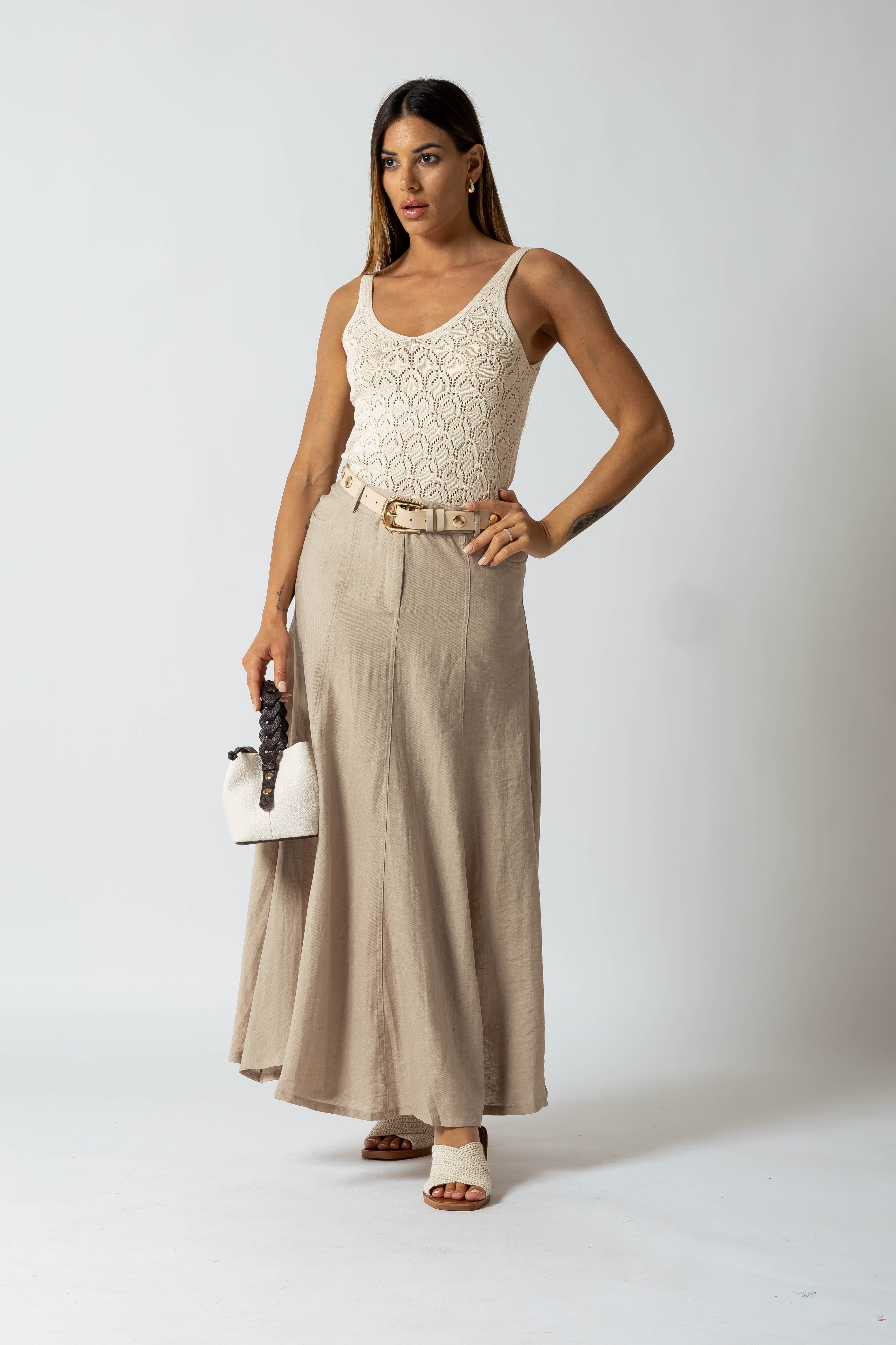 Gonna 5 tasche tessuto effetto lino|Colore:Kaki