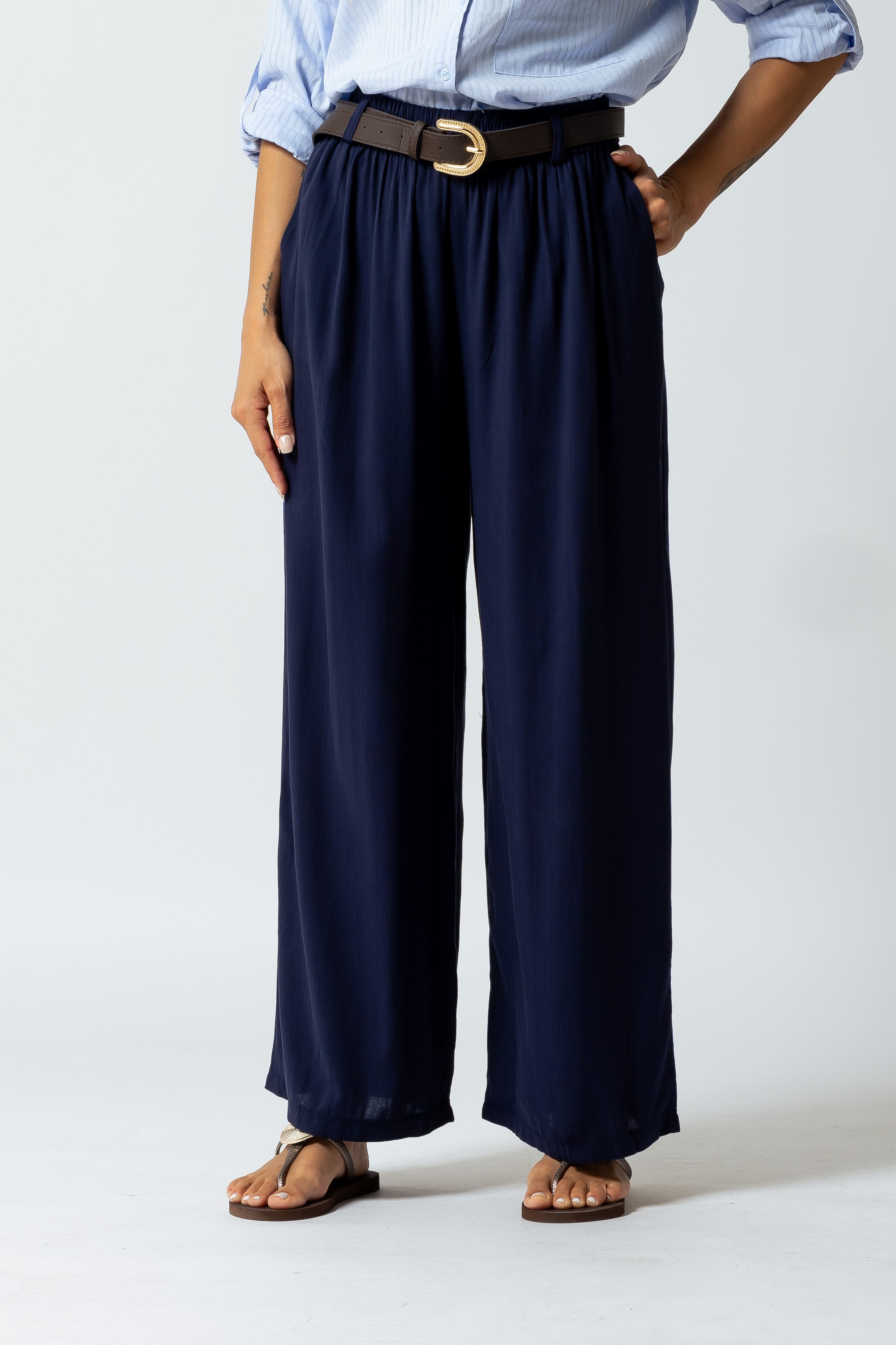 Pantalone effetto lino con cintura|Colore:Blu