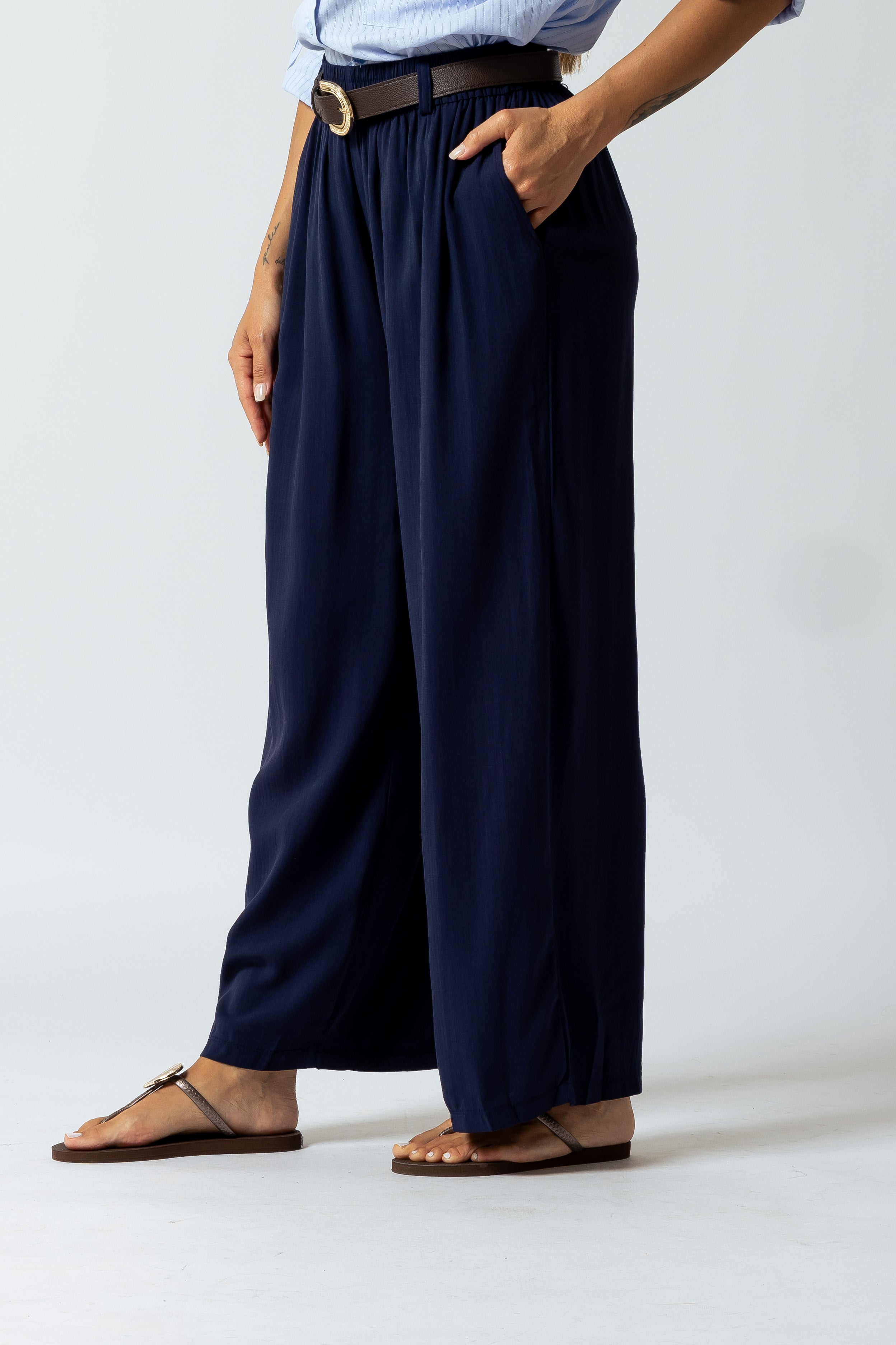 Pantalone effetto lino con cintura|Colore:Blu