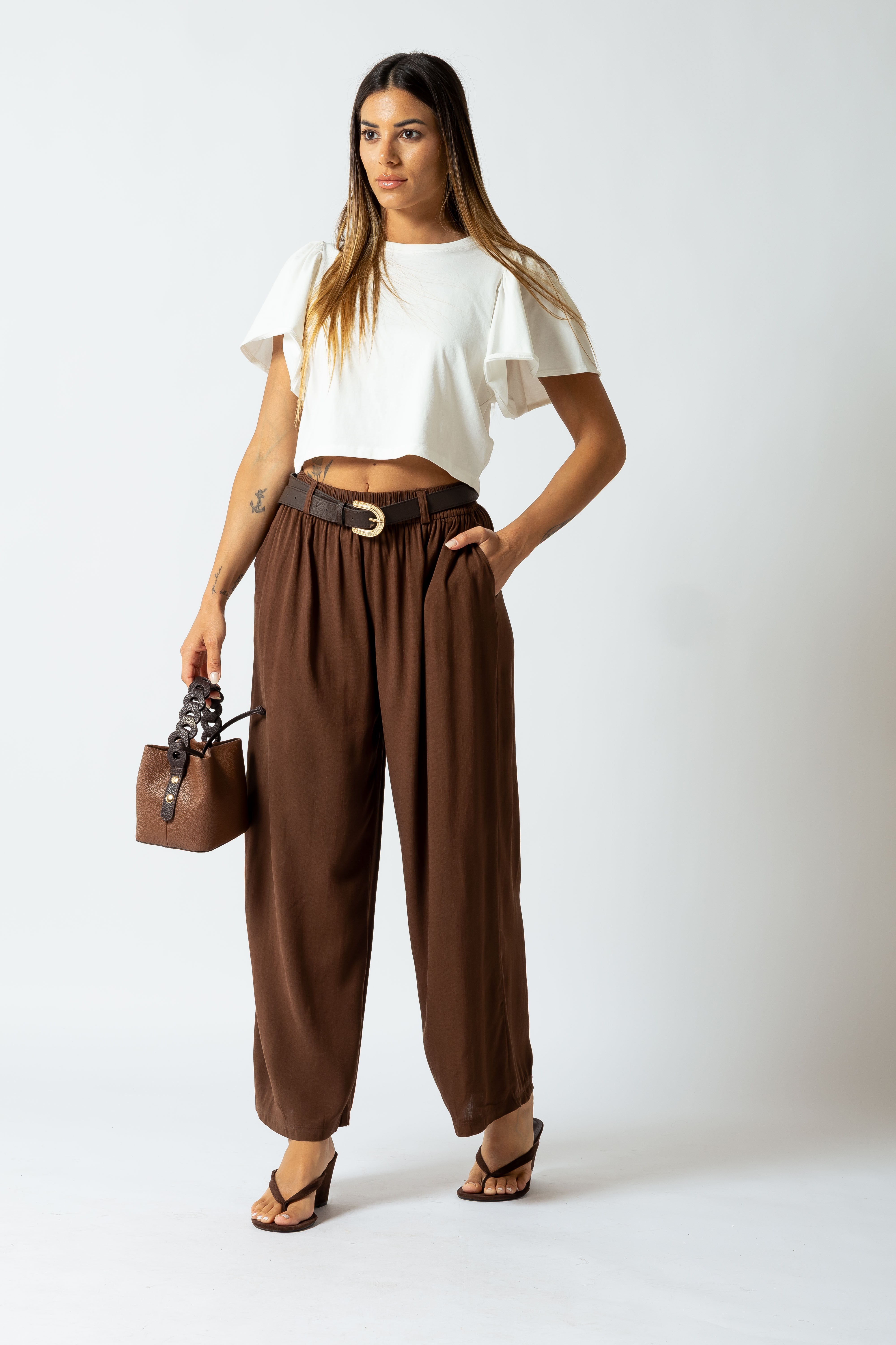 Pantalone effetto lino con cintura|Colore:Caffe